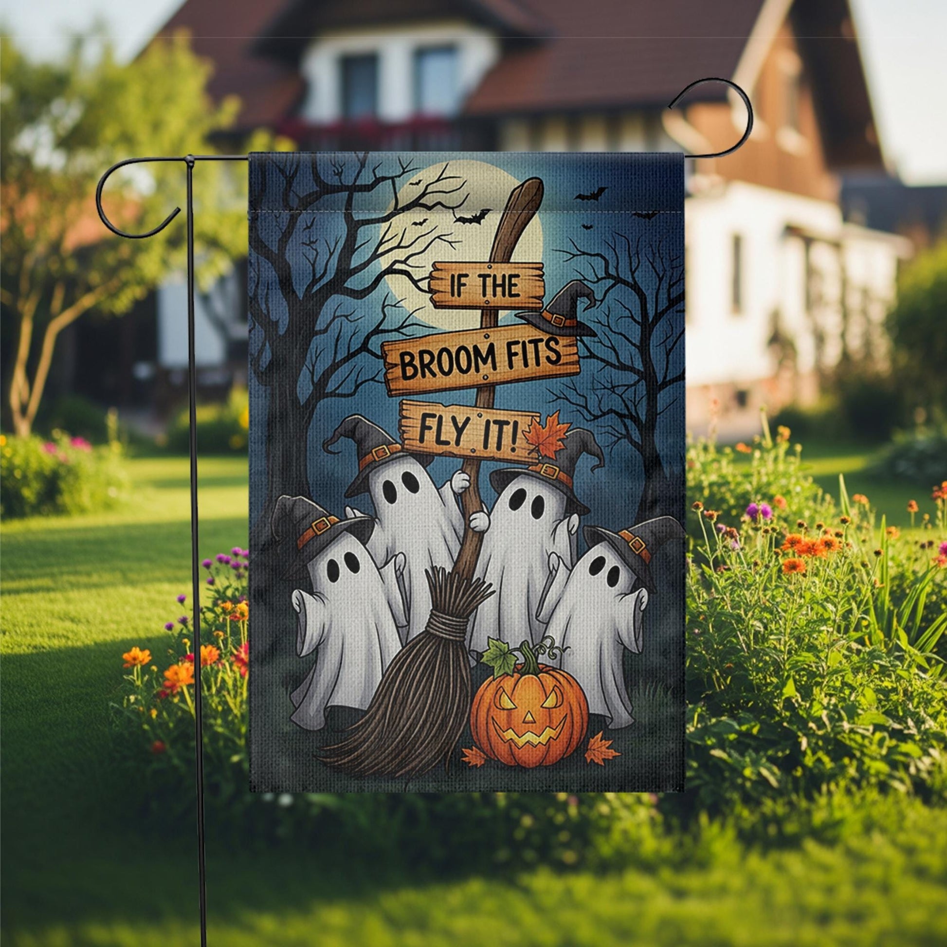 Funny Halloween Ghost Garden Flag | If the Broom Fits Fly It Witch Decor | Fall Yard Banner | Spooky Outdoor Lawn Decoration