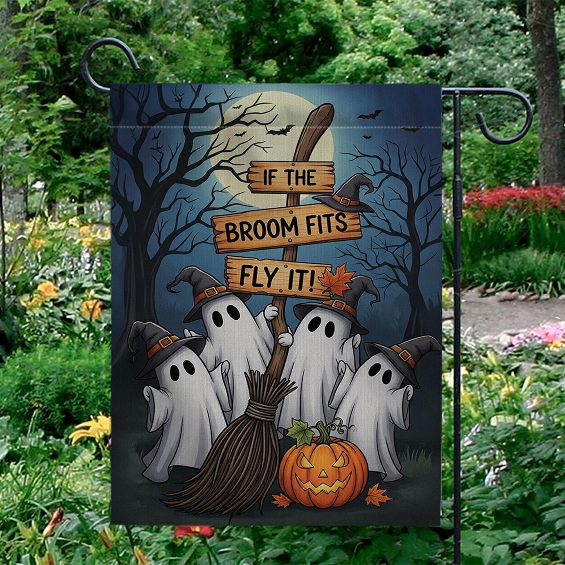 Funny Halloween Ghost Garden Flag | If the Broom Fits Fly It Witch Decor | Fall Yard Banner | Spooky Outdoor Lawn Decoration