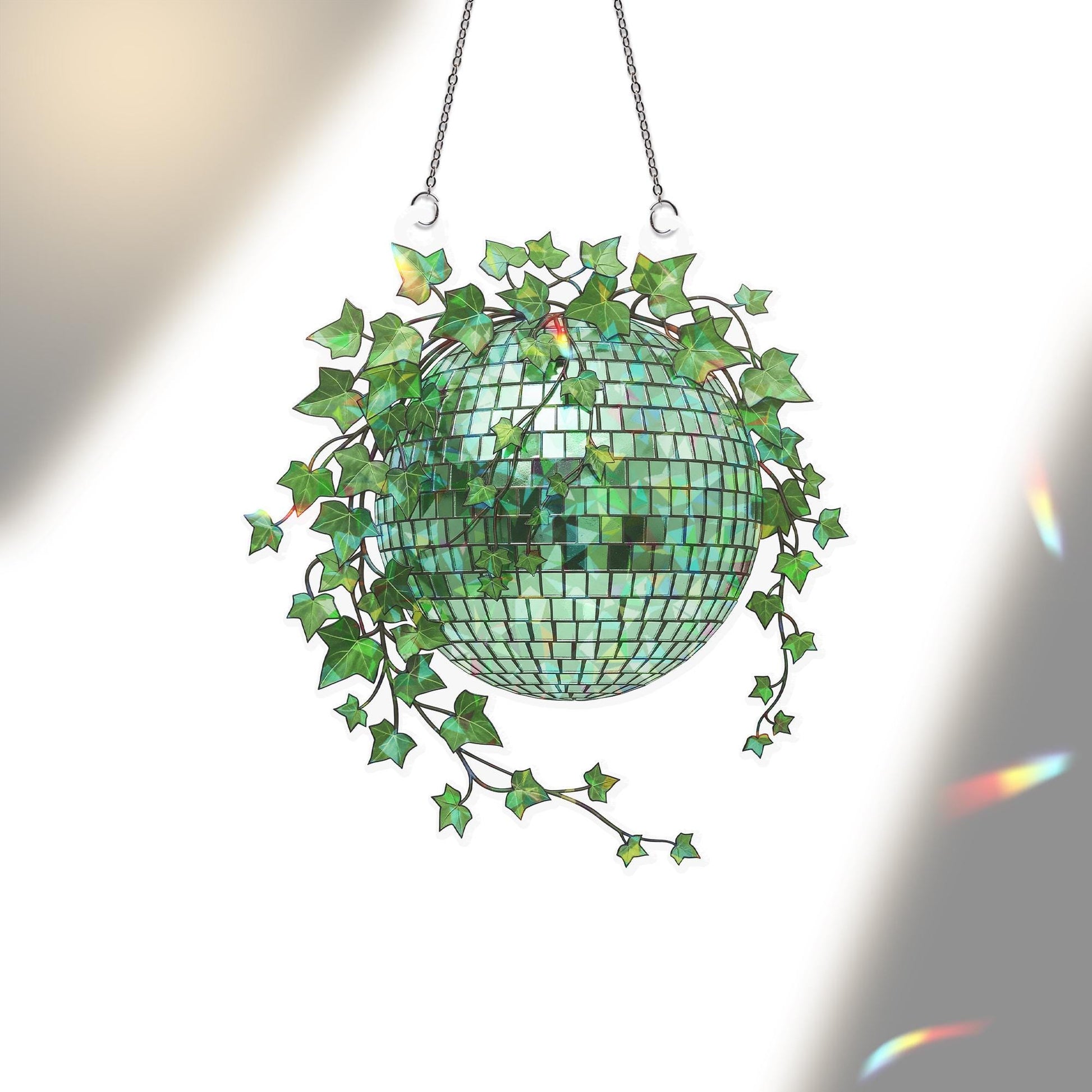 Green Disco Ball Ivy Planter Hologram Ornament, Boho Indoor ACRYLIC Window Hanging, Plant Lover Gift, Ivy Plants Decor, Rainbow Room Accent