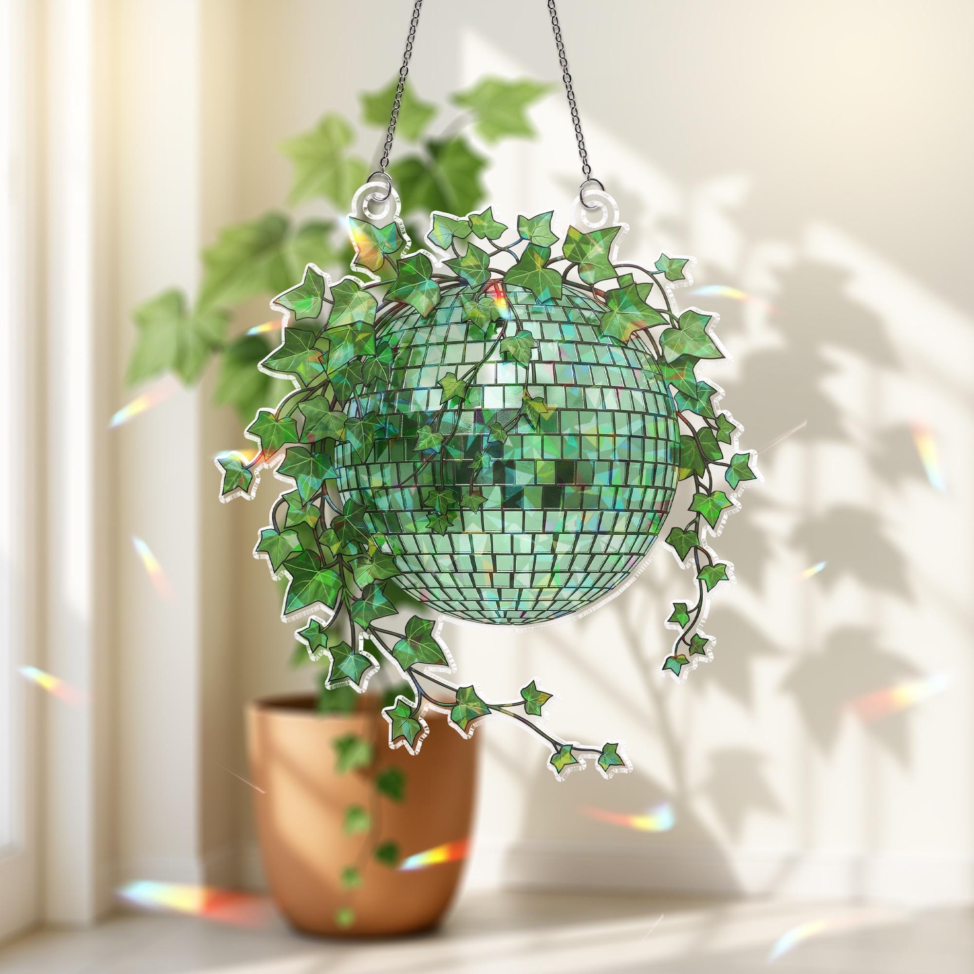 Green Disco Ball Ivy Planter Hologram Ornament, Boho Indoor ACRYLIC Window Hanging, Plant Lover Gift, Ivy Plants Decor, Rainbow Room Accent