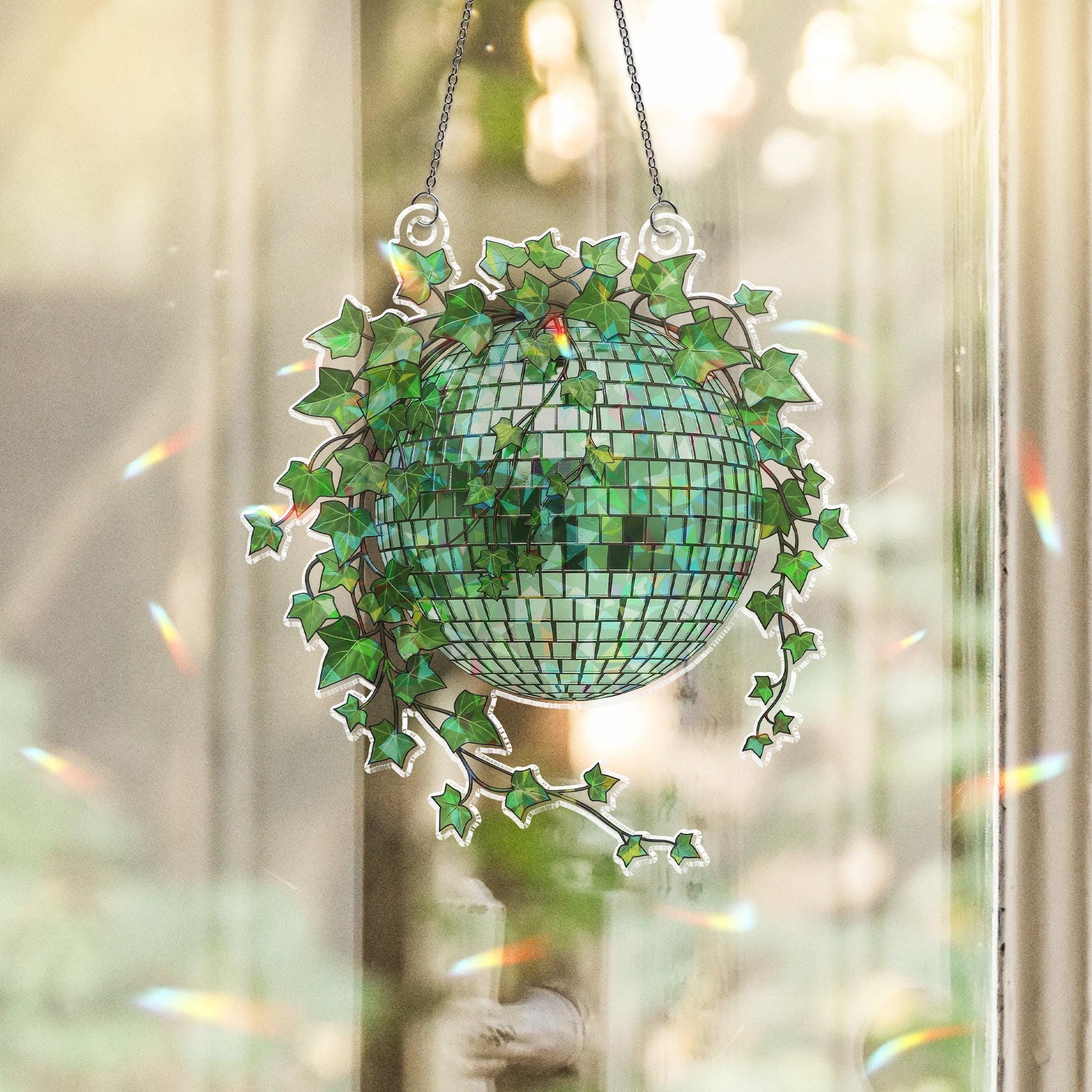 Green Disco Ball Ivy Planter Hologram Ornament, Boho Indoor ACRYLIC Window Hanging, Plant Lover Gift, Ivy Plants Decor, Rainbow Room Accent