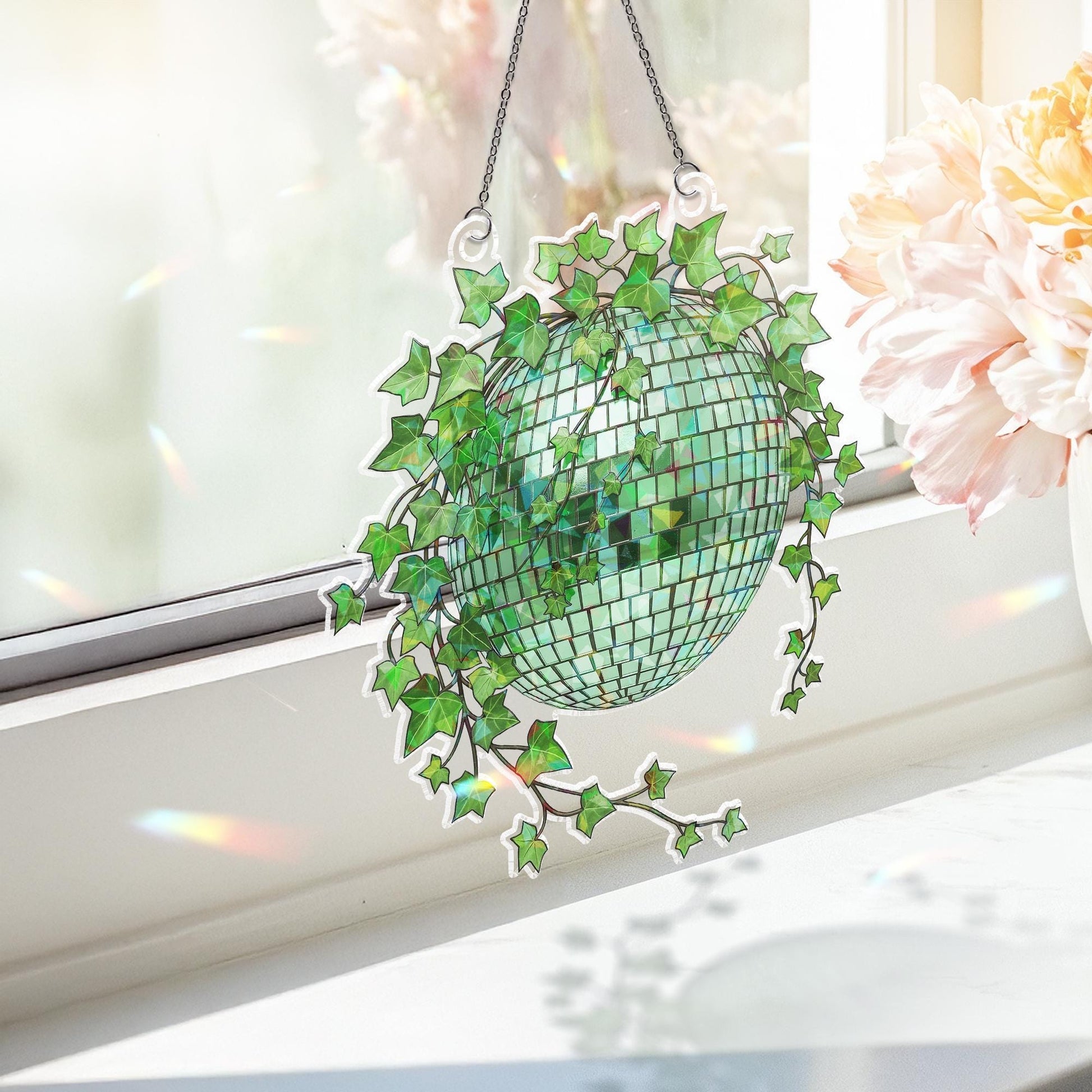 Green Disco Ball Ivy Planter Hologram Ornament, Boho Indoor ACRYLIC Window Hanging, Plant Lover Gift, Ivy Plants Decor, Rainbow Room Accent