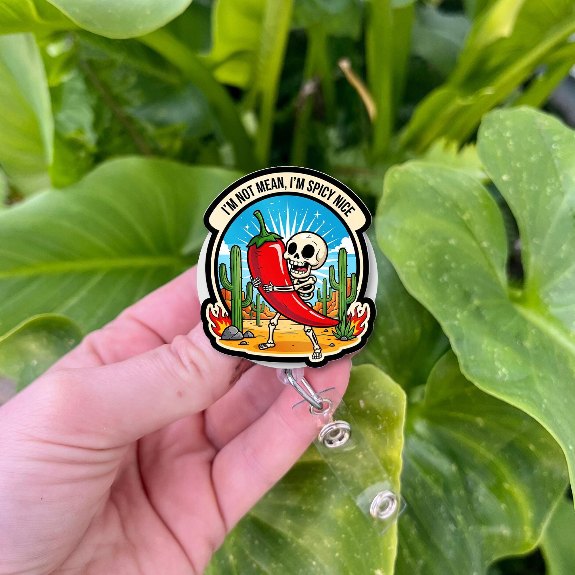 Spicy Nice Skeleton Badge Reel, Funny Chili ID Clip, Cactus Desert Name Tag, Nurse Humor Gift, Quirky Retractable Badge Holder