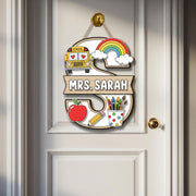 Custom Teacher Door Sign, Teacher Classroom Decor, School Bus Rainbow Hanger, Personalized Name Plaque, Back to School Gift