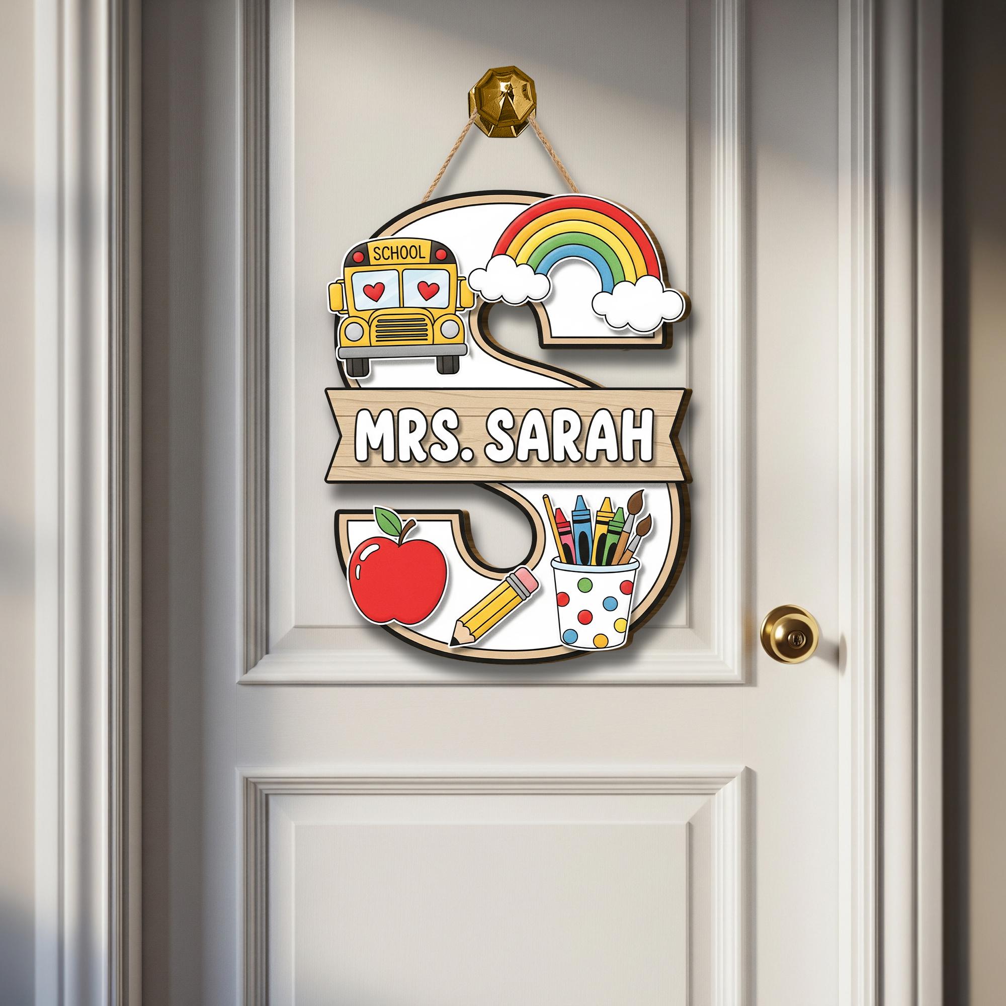 Custom Teacher Door Sign, Teacher Classroom Decor, School Bus Rainbow Hanger, Personalized Name Plaque, Back to School Gift