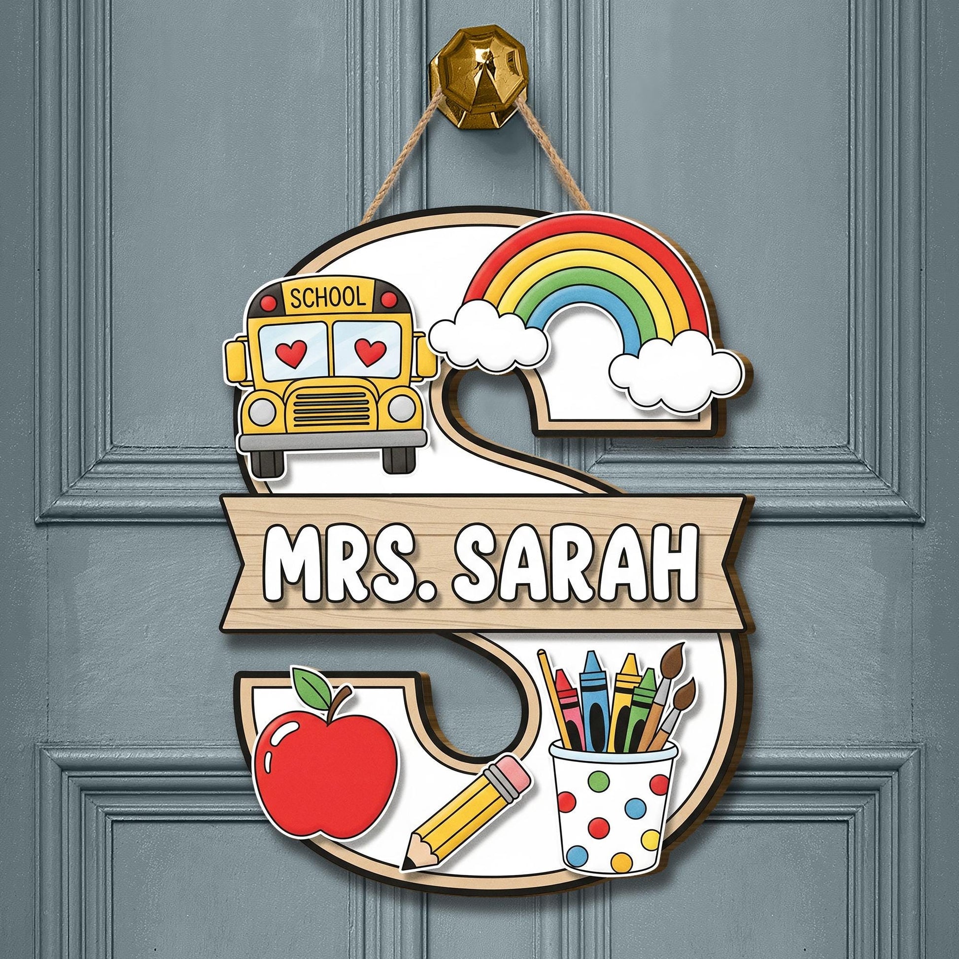 Custom Teacher Door Sign, Teacher Classroom Decor, School Bus Rainbow Hanger, Personalized Name Plaque, Back to School Gift