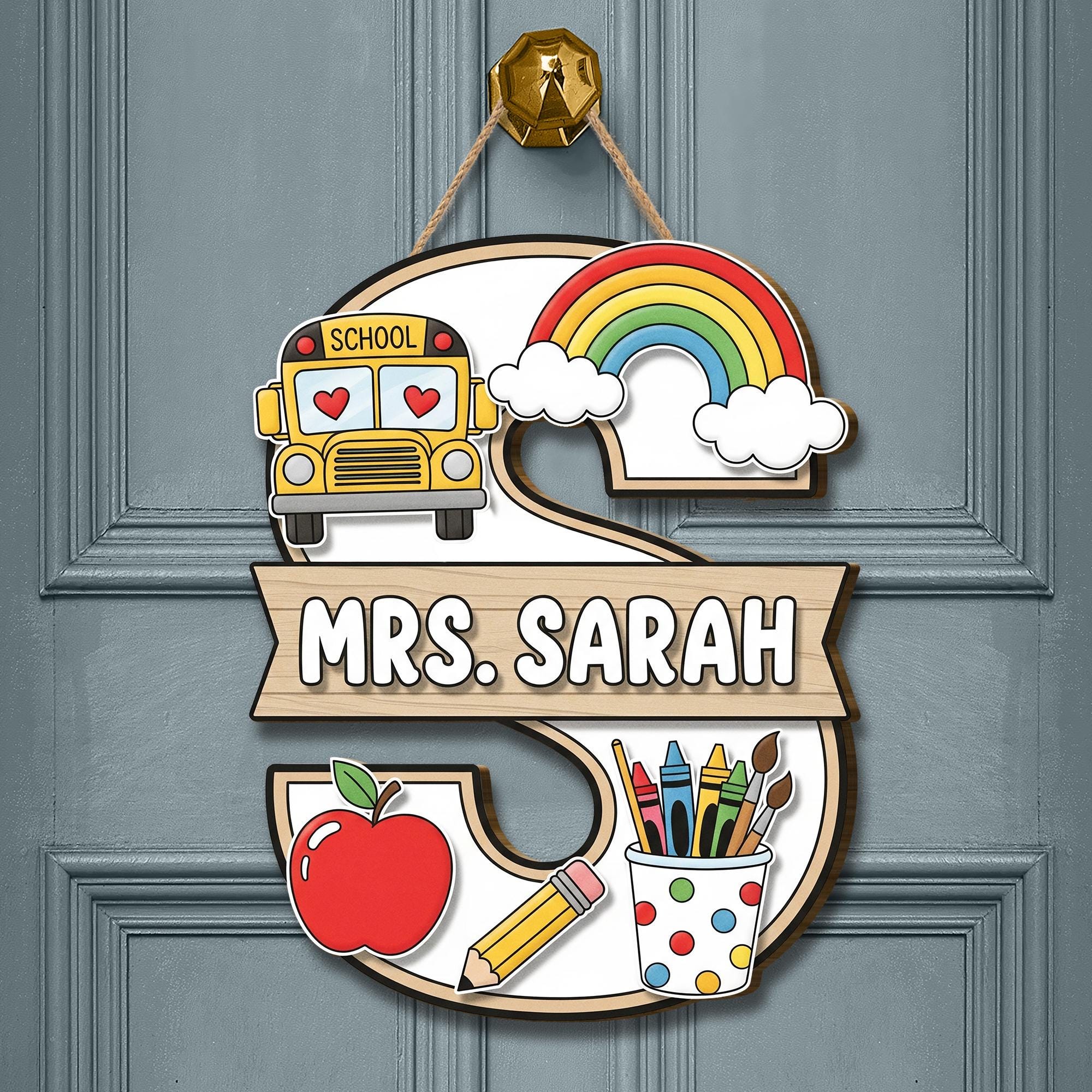 Custom Teacher Door Sign, Teacher Classroom Decor, School Bus Rainbow Hanger, Personalized Name Plaque, Back to School Gift