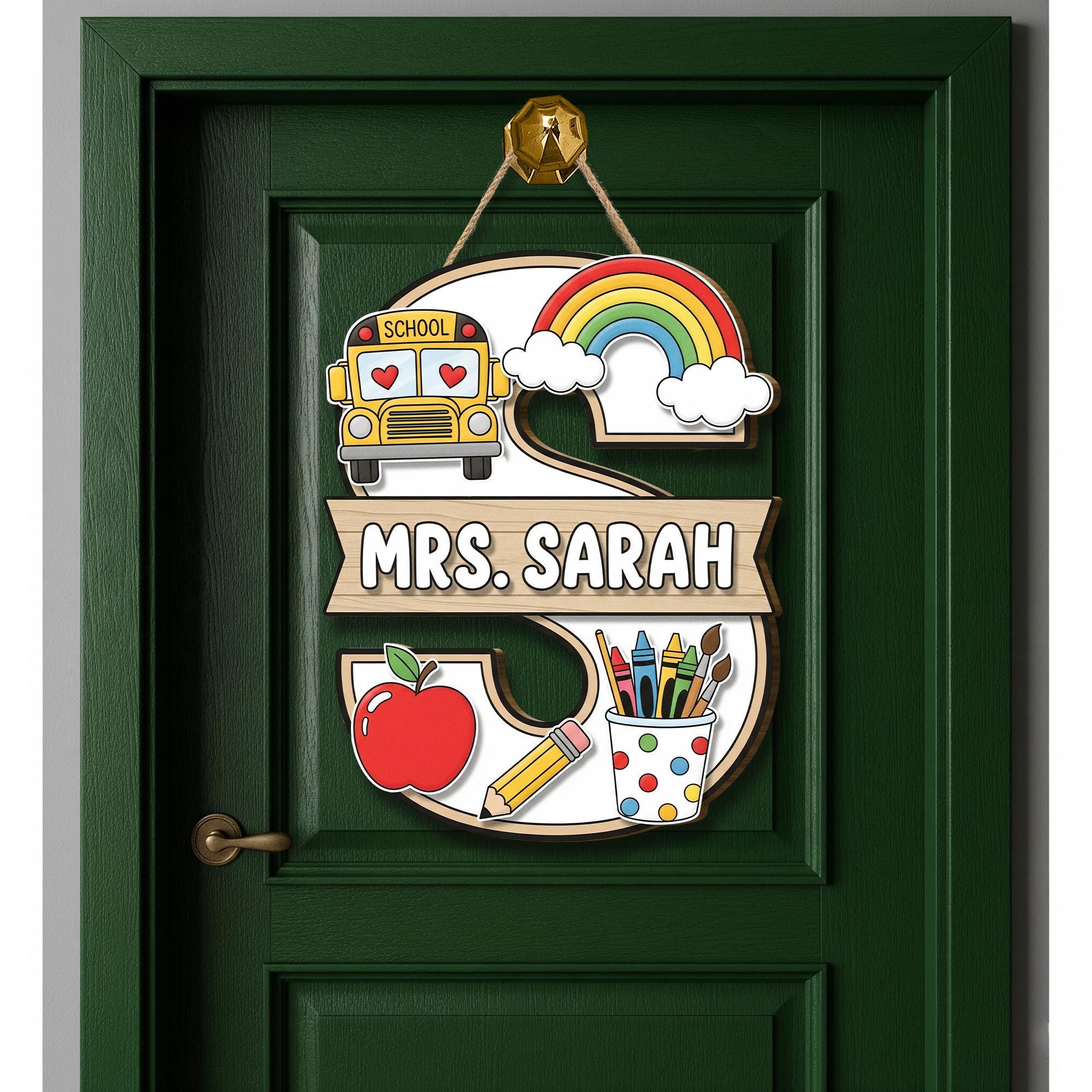 Custom Teacher Door Sign, Teacher Classroom Decor, School Bus Rainbow Hanger, Personalized Name Plaque, Back to School Gift