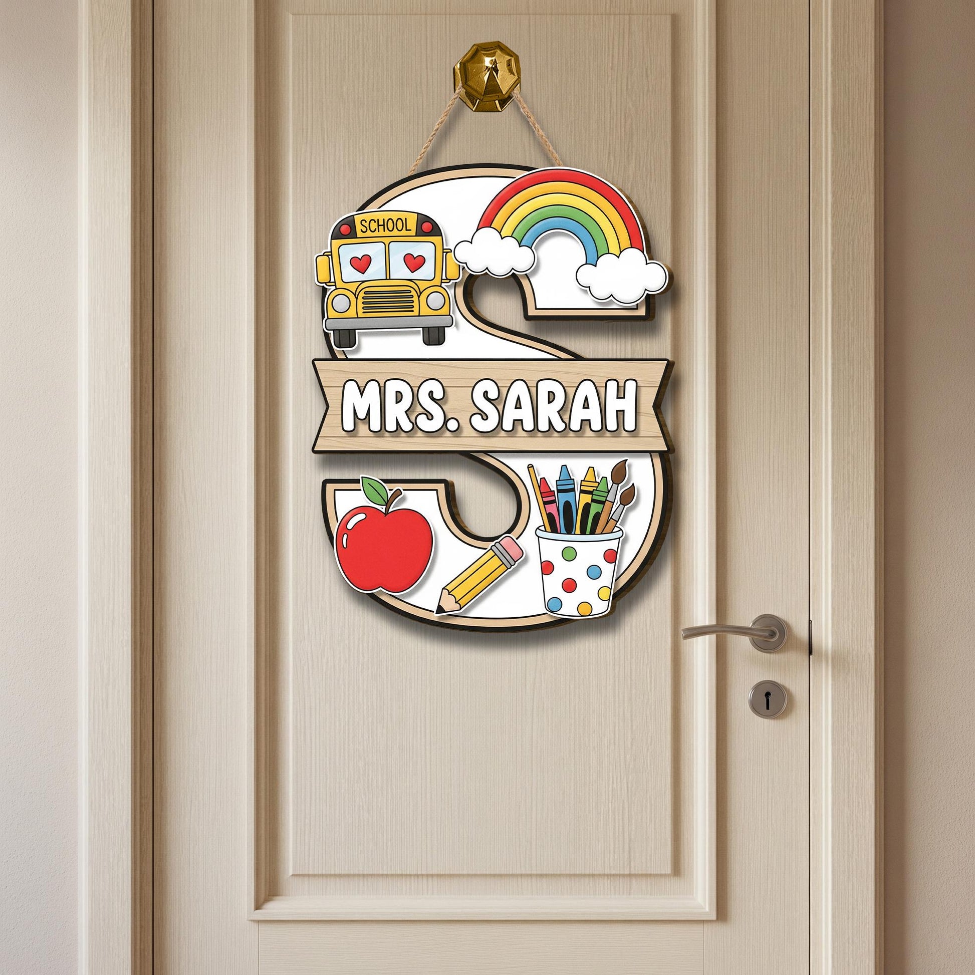 Custom Teacher Door Sign, Teacher Classroom Decor, School Bus Rainbow Hanger, Personalized Name Plaque, Back to School Gift