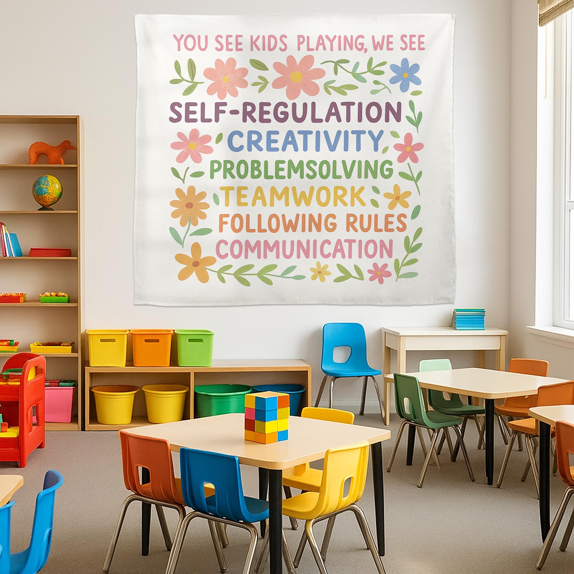 Play-Based Learning Classroom Banner | Preschool Wall Sign with Social Skills | Early Childhood Teacher Room Decor, Playroom Learning Poster