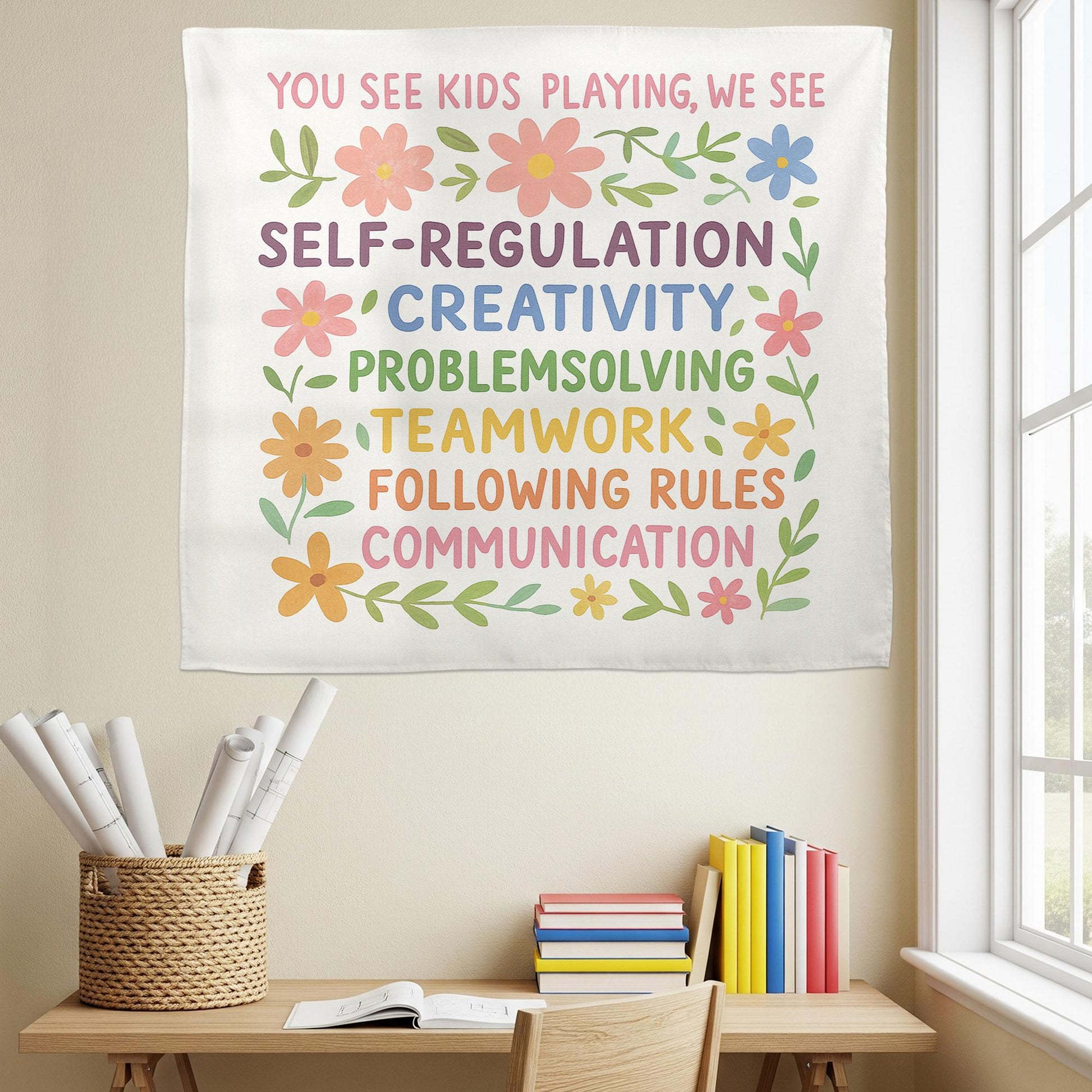 Play-Based Learning Classroom Banner | Preschool Wall Sign with Social Skills | Early Childhood Teacher Room Decor, Playroom Learning Poster
