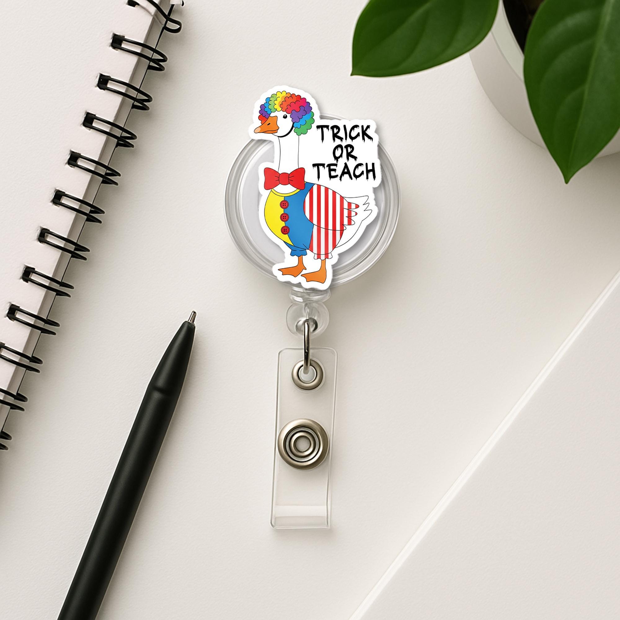 Trick or Teach Goose Badge Reel | Funny Halloween Teacher ID Holder | Clown Goose Fall Accessory, Cute Spooky School Gift, Teacher Fall Gift
