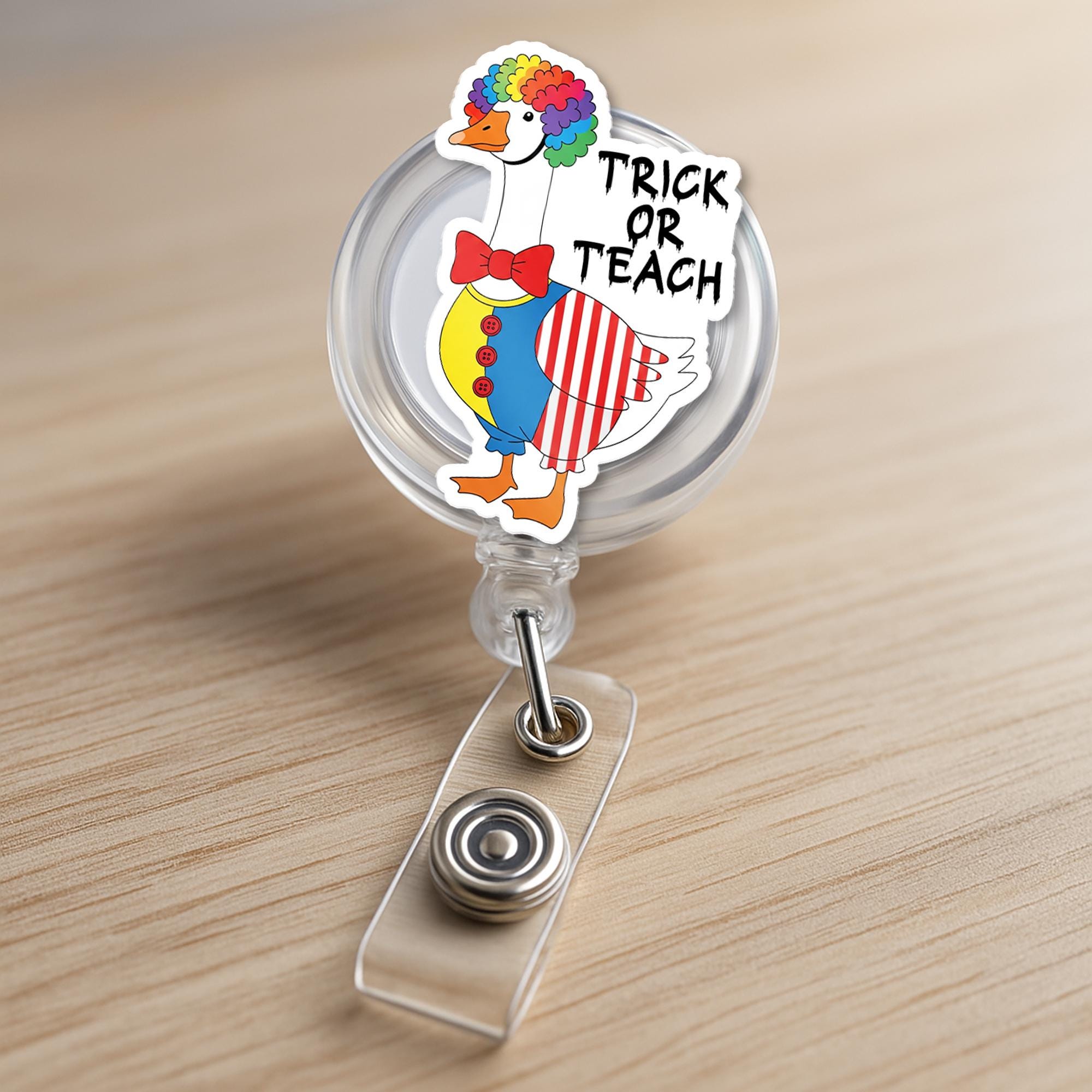 Trick or Teach Goose Badge Reel | Funny Halloween Teacher ID Holder | Clown Goose Fall Accessory, Cute Spooky School Gift, Teacher Fall Gift