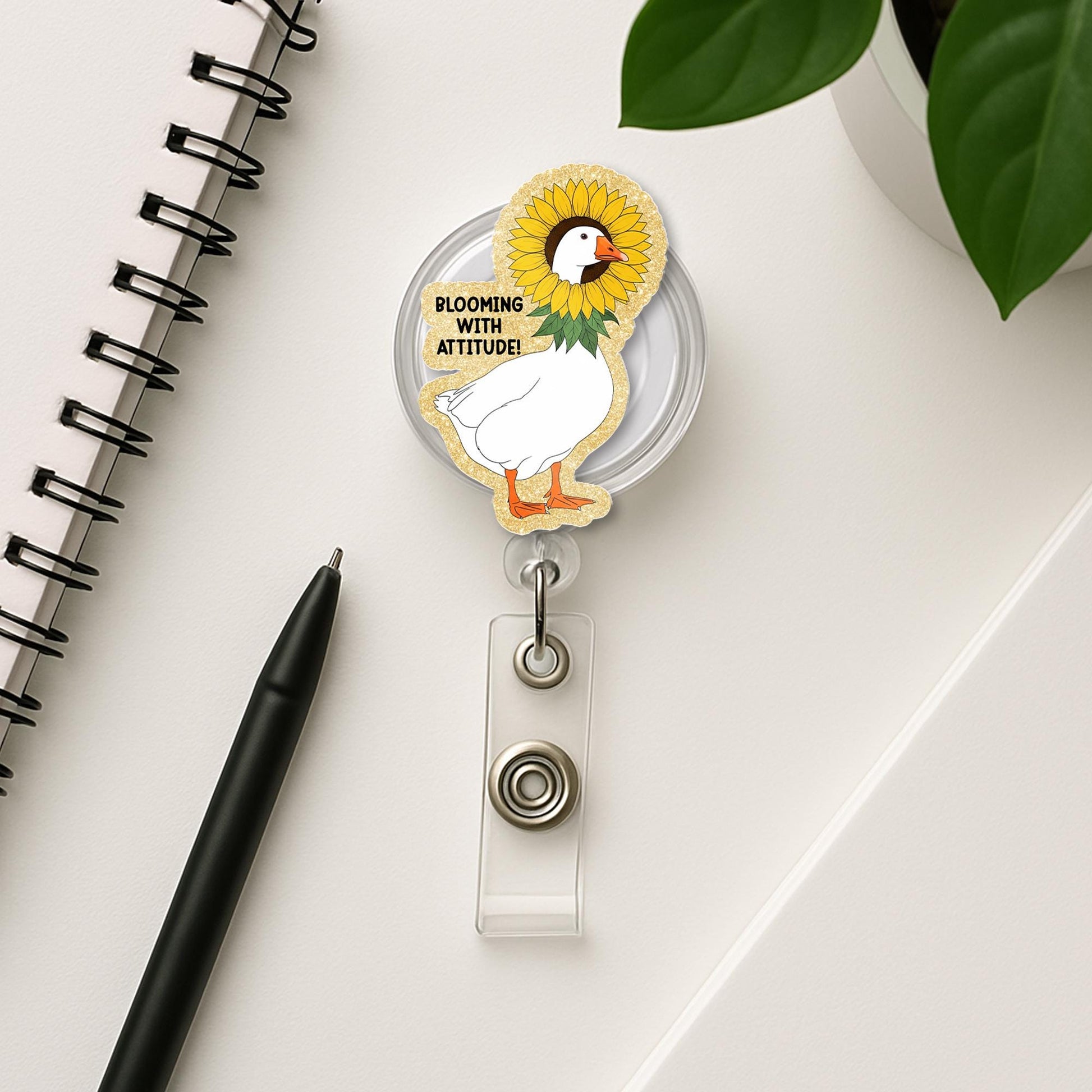 Sunflower Goose Badge Reel | Blooming with Attitude Funny ID Holder | Cute Teacher Gift | Floral Animal Work Accessory, School Badge Clip