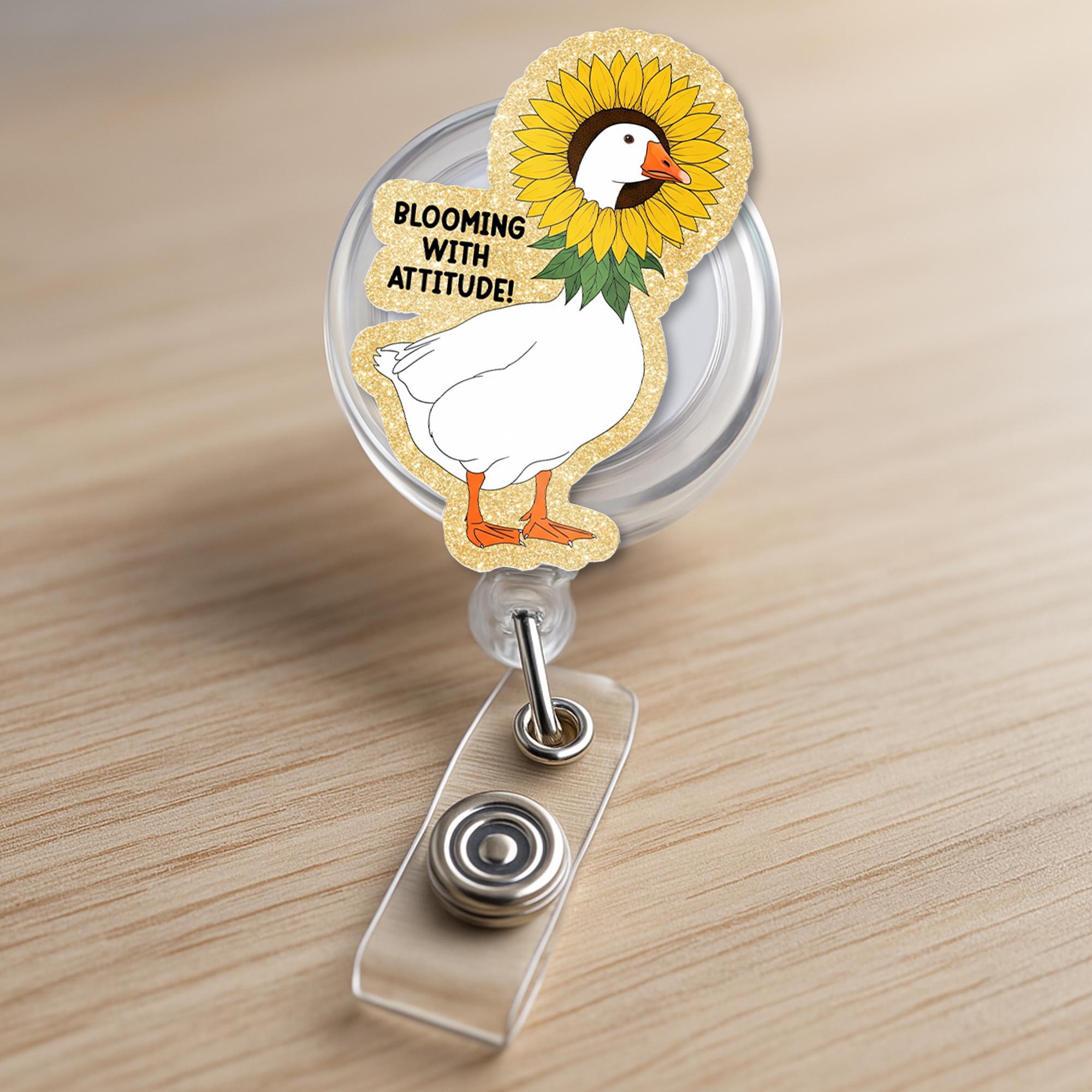 Sunflower Goose Badge Reel | Blooming with Attitude Funny ID Holder | Cute Teacher Gift | Floral Animal Work Accessory, School Badge Clip