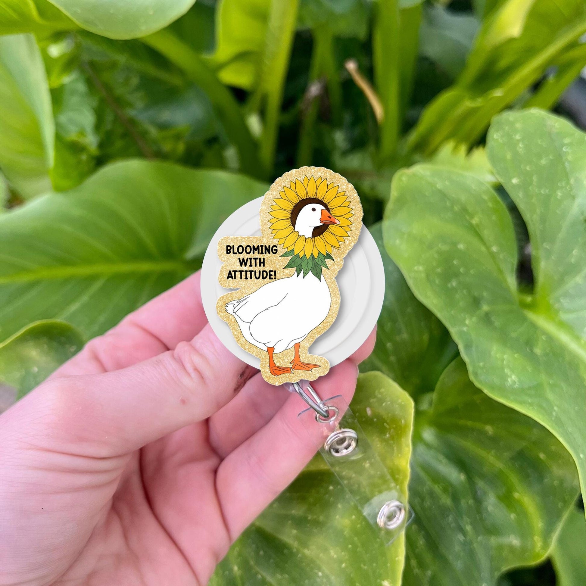 Sunflower Goose Badge Reel | Blooming with Attitude Funny ID Holder | Cute Teacher Gift | Floral Animal Work Accessory, School Badge Clip