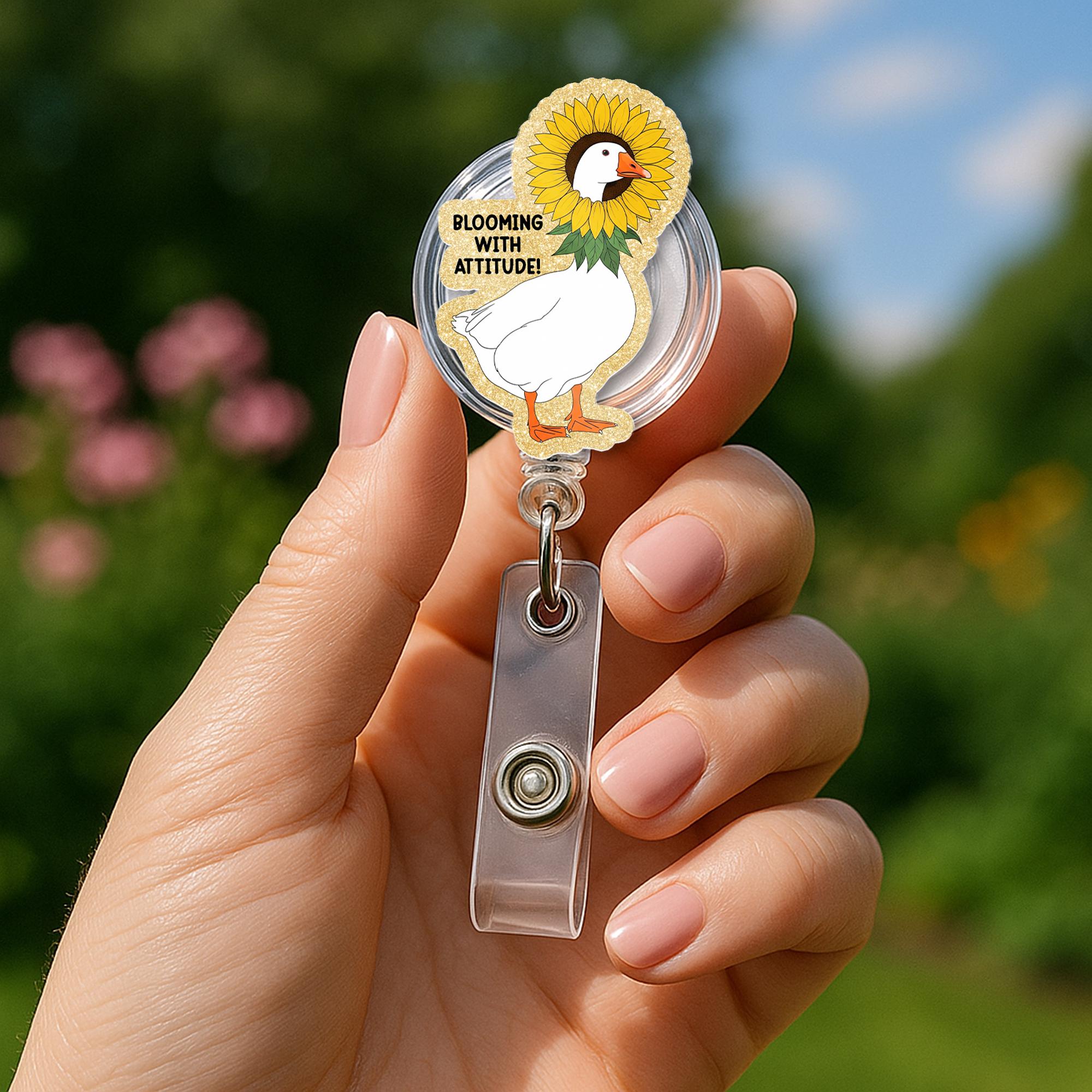 Sunflower Goose Badge Reel | Blooming with Attitude Funny ID Holder | Cute Teacher Gift | Floral Animal Work Accessory, School Badge Clip