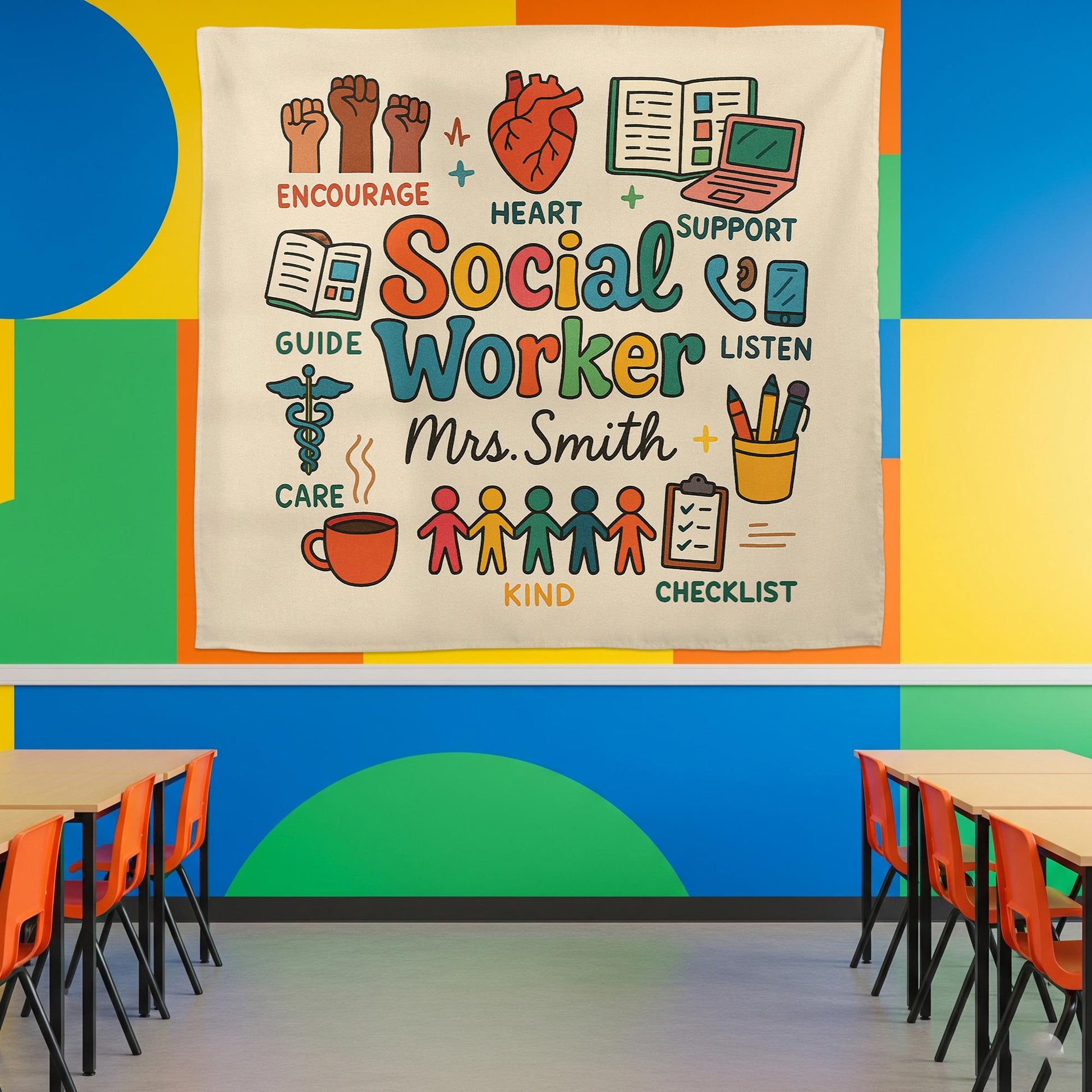 Personalized Social Worker Tapestry, Office Wall Decor, School Counselor Gift, Social Work Appreciation Sign, Custom Teacher Banner
