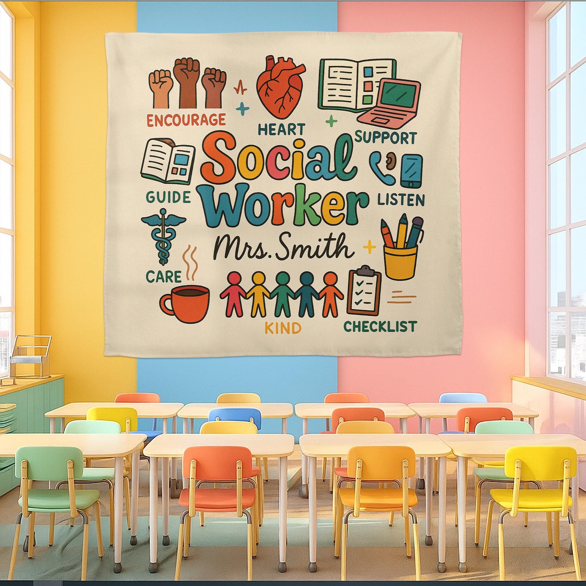 Personalized Social Worker Tapestry, Office Wall Decor, School Counselor Gift, Social Work Appreciation Sign, Custom Teacher Banner