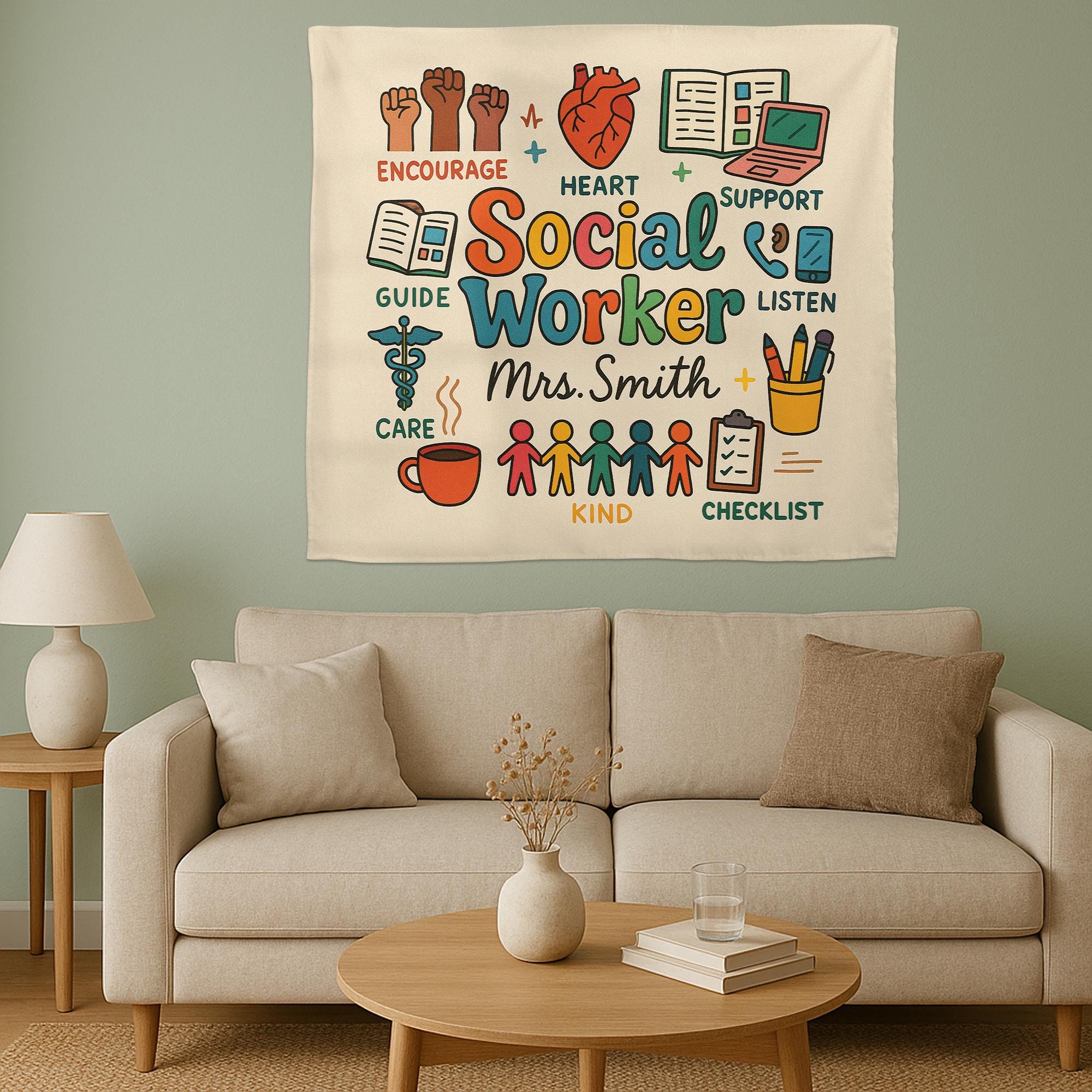 Personalized Social Worker Tapestry, Office Wall Decor, School Counselor Gift, Social Work Appreciation Sign, Custom Teacher Banner