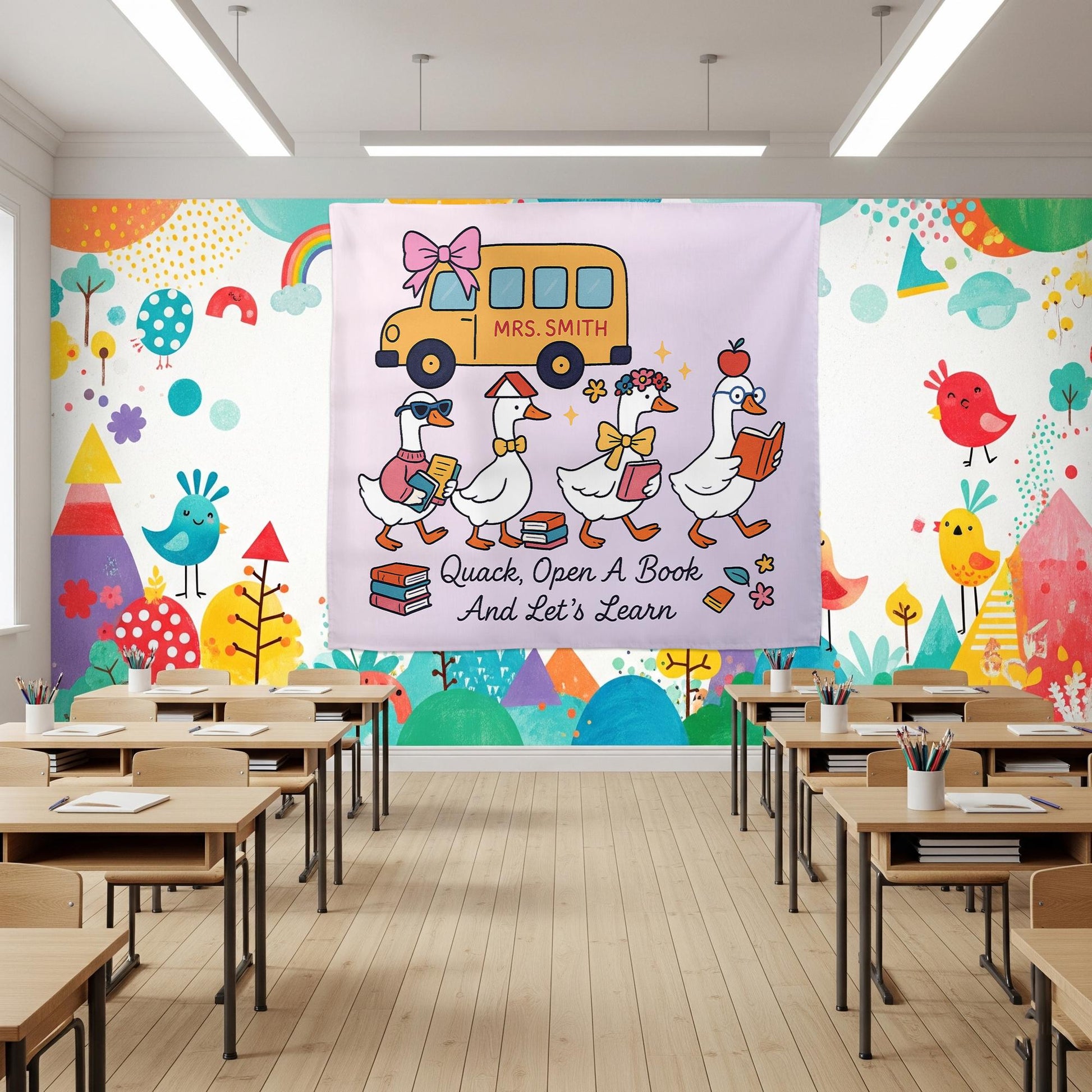 Quack Open a Book Classroom Tapestry, Teacher Duck Wall Decor, Reading Poster for Kids, Personalized Back to School Banner