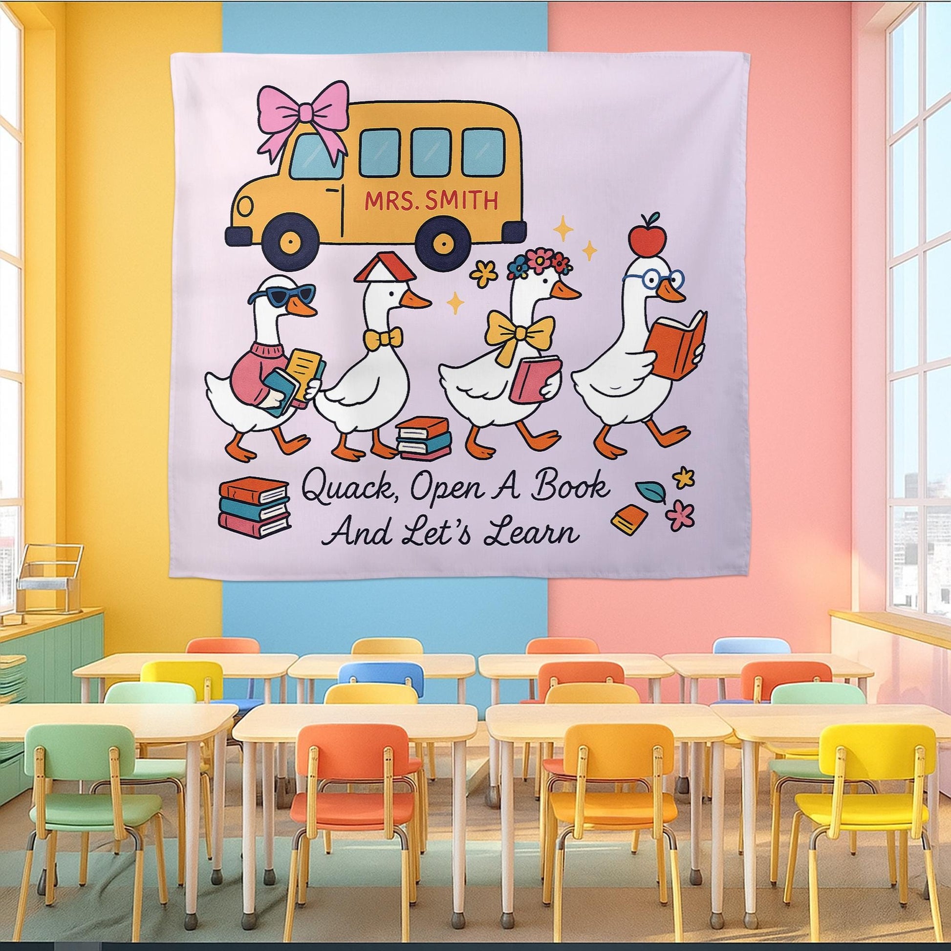 Quack Open a Book Classroom Tapestry, Teacher Duck Wall Decor, Reading Poster for Kids, Personalized Back to School Banner