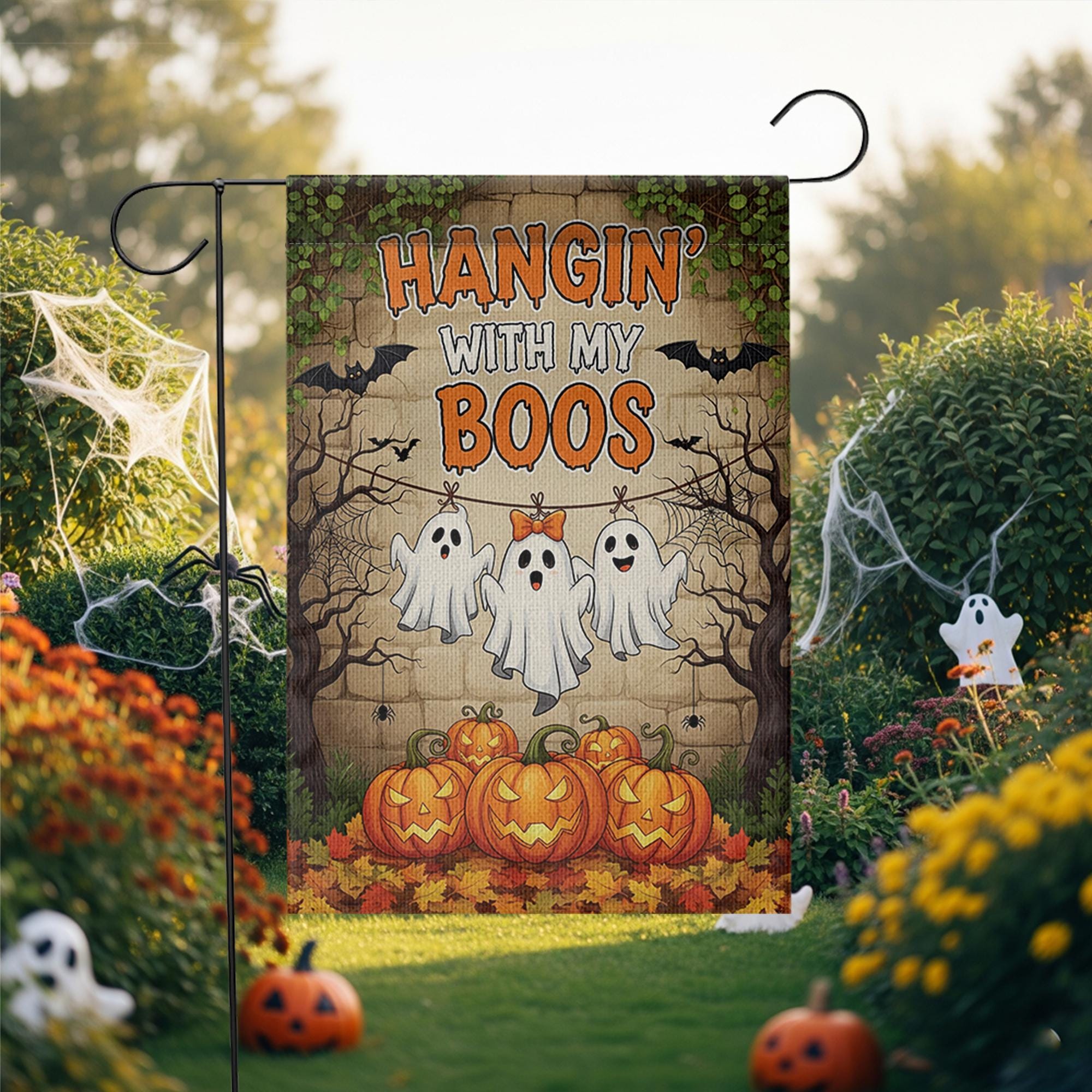 Hangin’ With My Boos Garden Flag | Funny Halloween Ghost Yard Banner | Cute Fall Outdoor Decor with Pumpkins and Spooky Friends