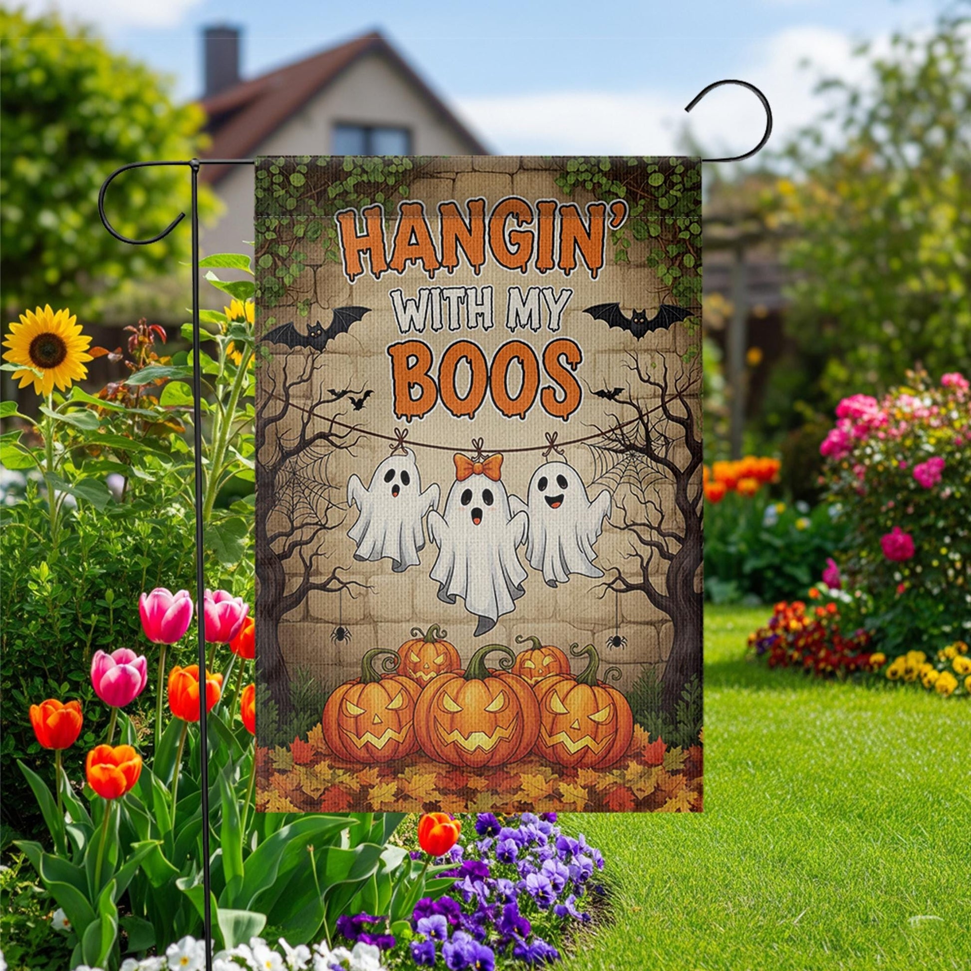 Hangin’ With My Boos Garden Flag | Funny Halloween Ghost Yard Banner | Cute Fall Outdoor Decor with Pumpkins and Spooky Friends