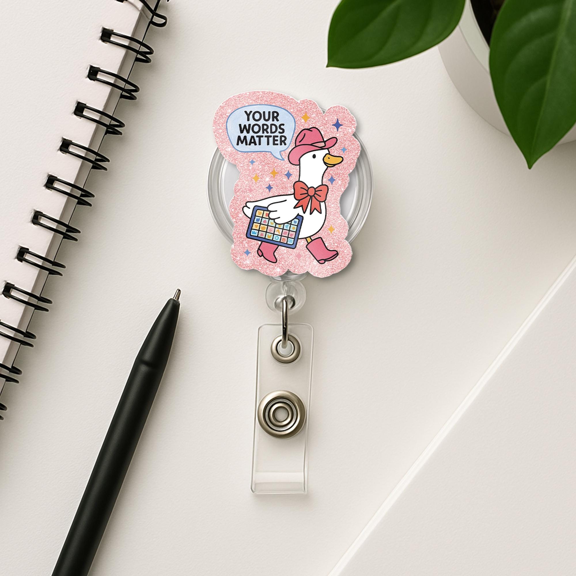 Your Words Matter Goose Badge Reel | Cute AAC Awareness ID Holder | Speech Therapy Gift | Pink Goose Badge Clip, SLP Accessories Badge Clip