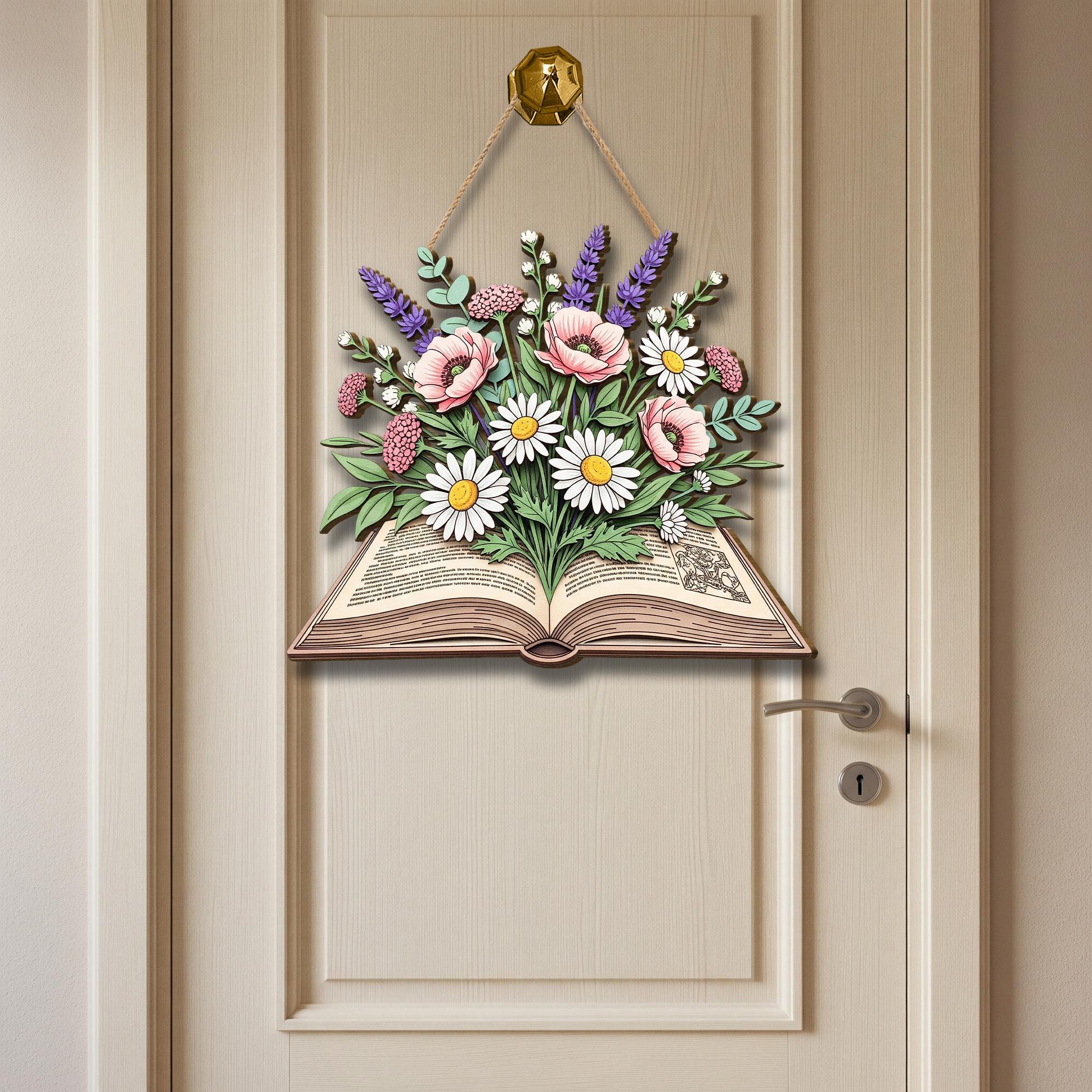 Floral Book Wooden Door Sign | Book Lover Wall Decor | Rustic Hanging Sign for Teachers, Readers & Libraries | Literary Home Accent