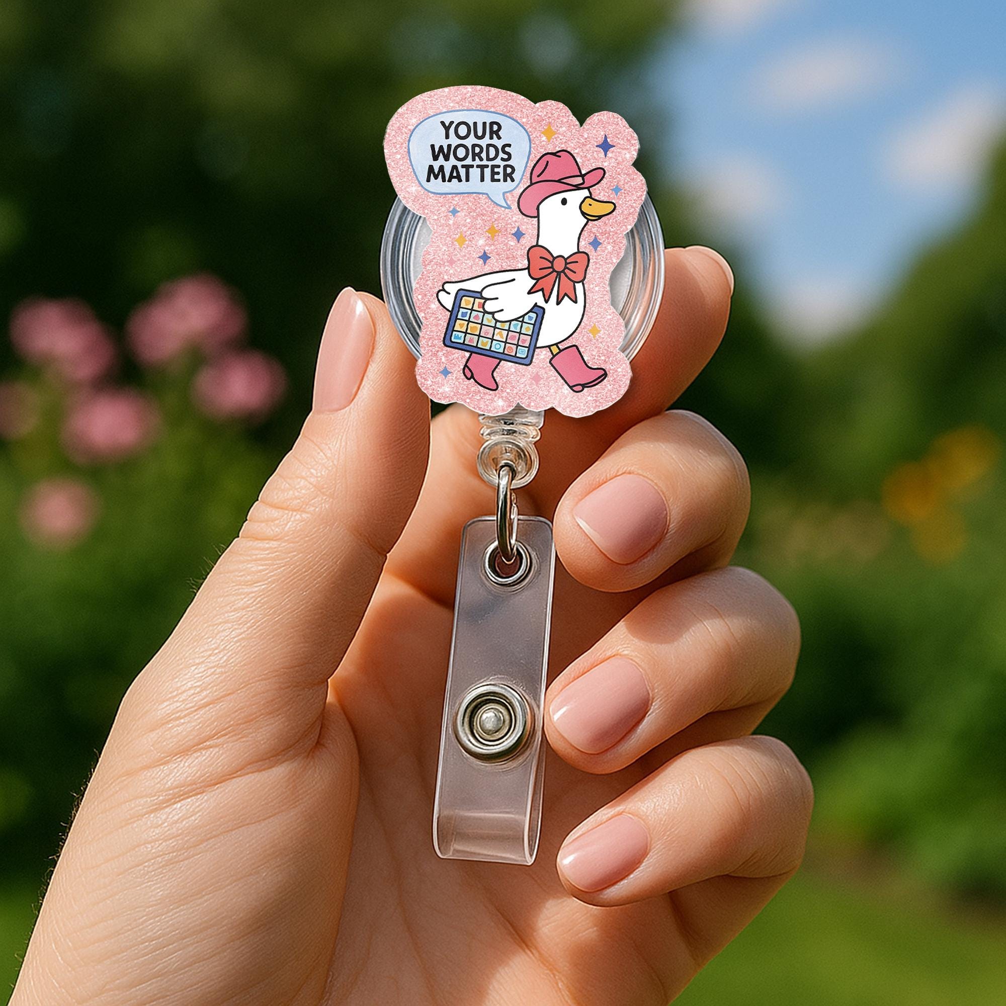 Your Words Matter Goose Badge Reel | Cute AAC Awareness ID Holder | Speech Therapy Gift | Pink Goose Badge Clip, SLP Accessories Badge Clip