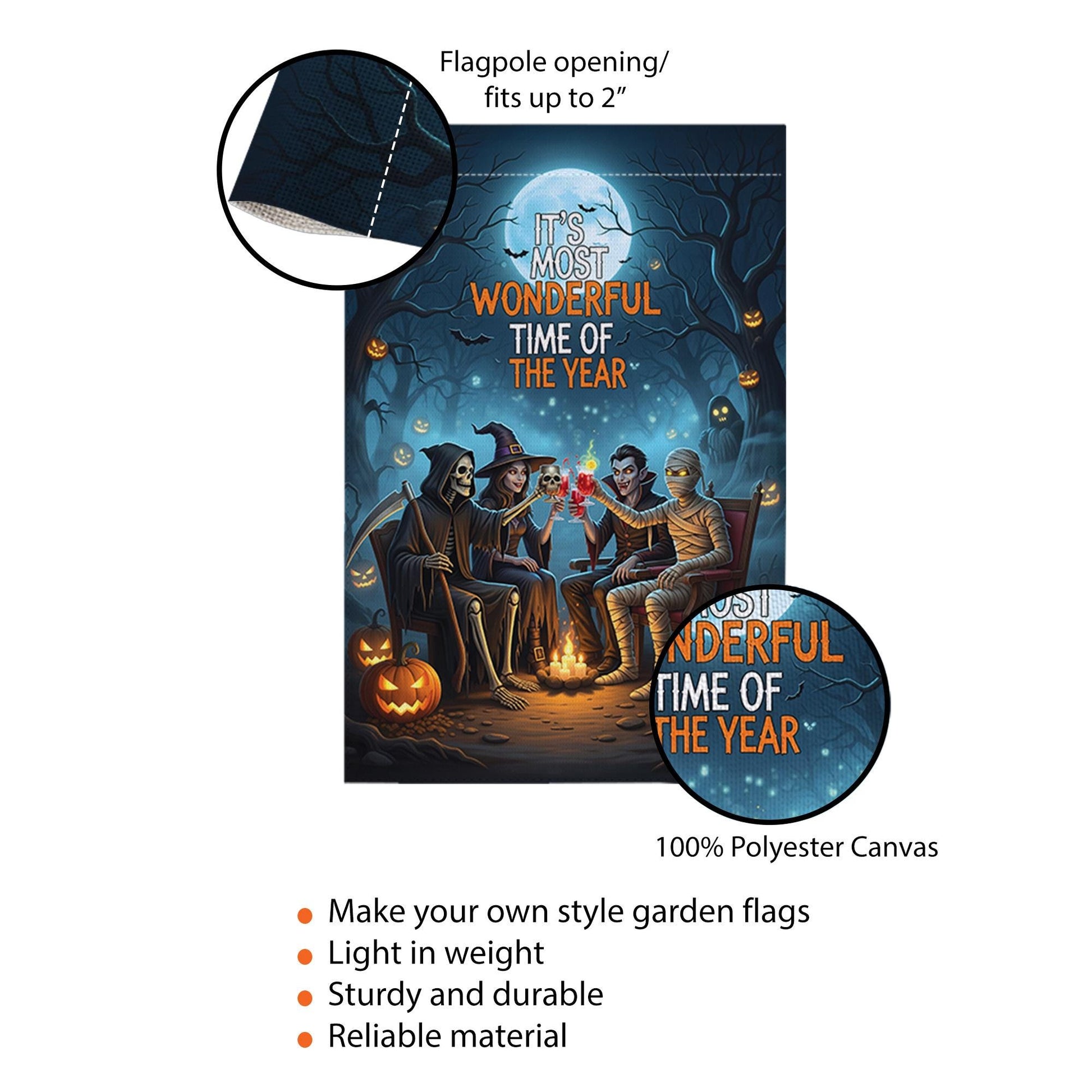 Halloween Campfire Garden Flag – Grim Reaper Vampire Witch Mummy – Spooky Fall Yard Decor