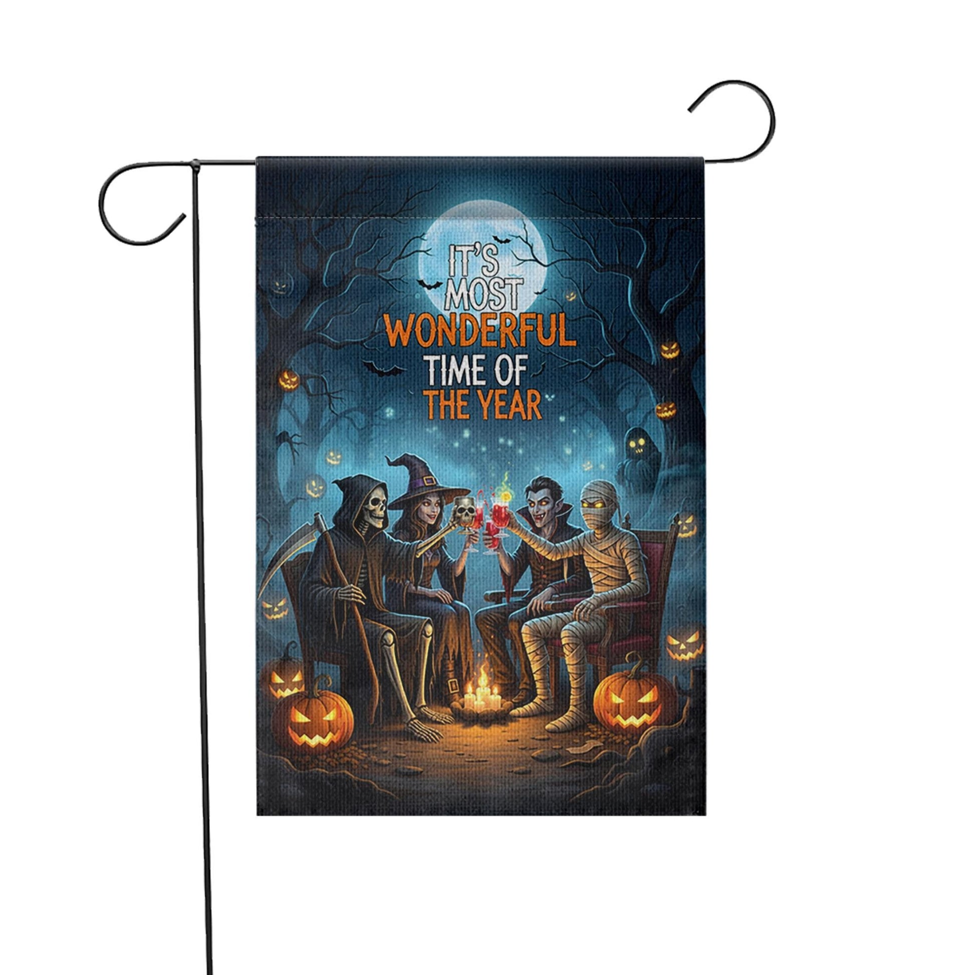 Halloween Campfire Garden Flag – Grim Reaper Vampire Witch Mummy – Spooky Fall Yard Decor
