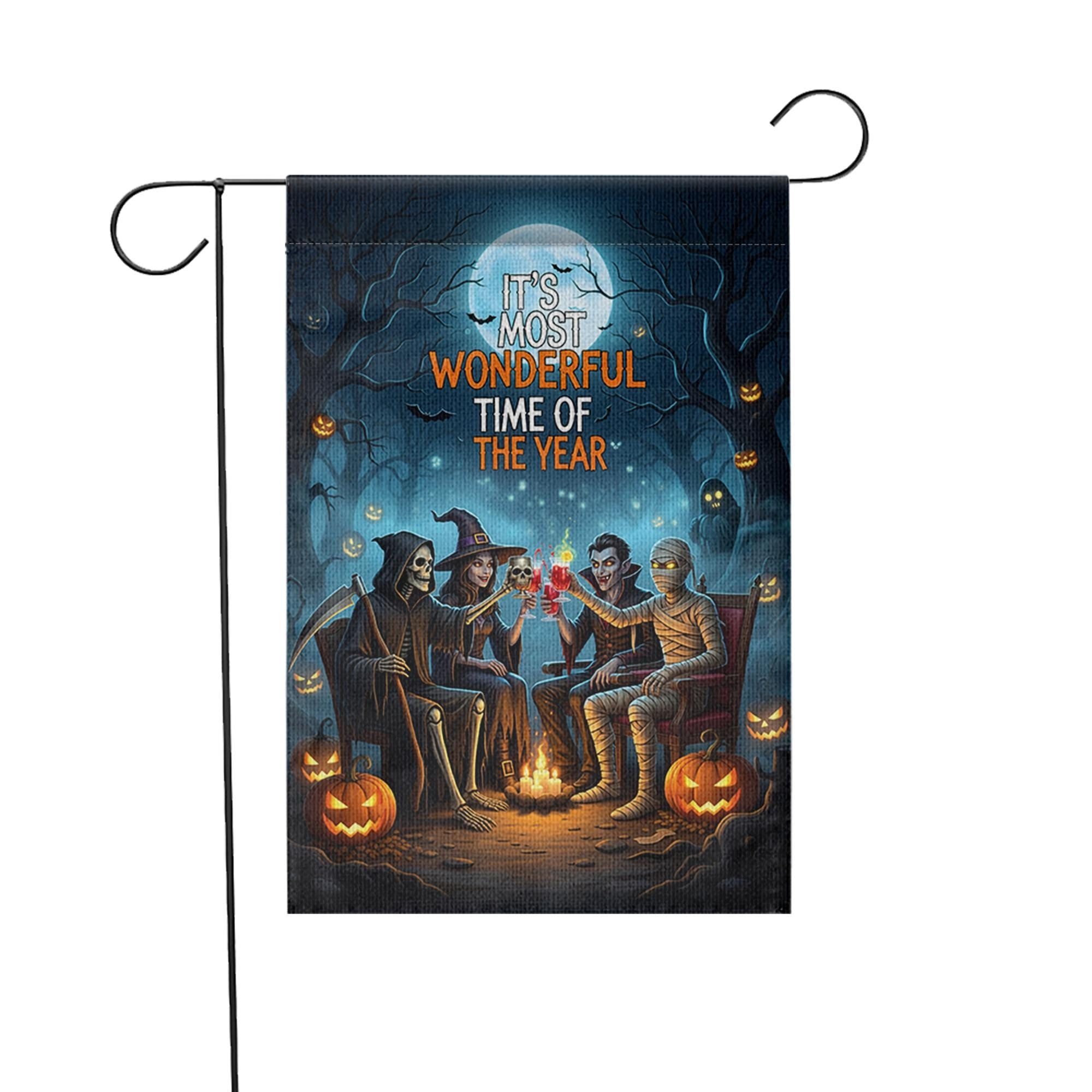 Halloween Campfire Garden Flag – Grim Reaper Vampire Witch Mummy – Spooky Fall Yard Decor