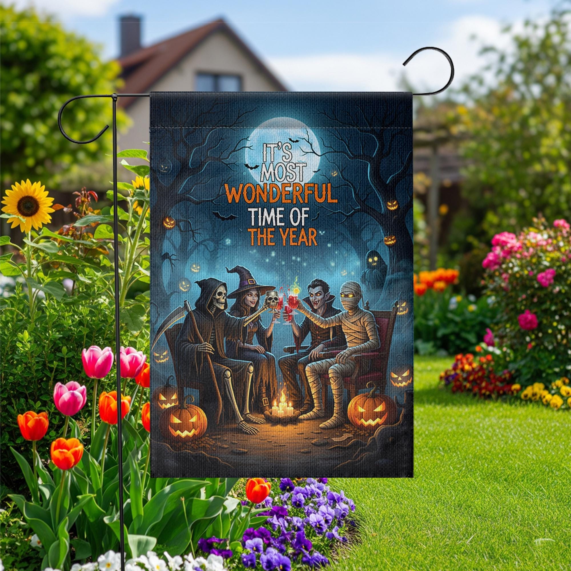 Halloween Campfire Garden Flag – Grim Reaper Vampire Witch Mummy – Spooky Fall Yard Decor