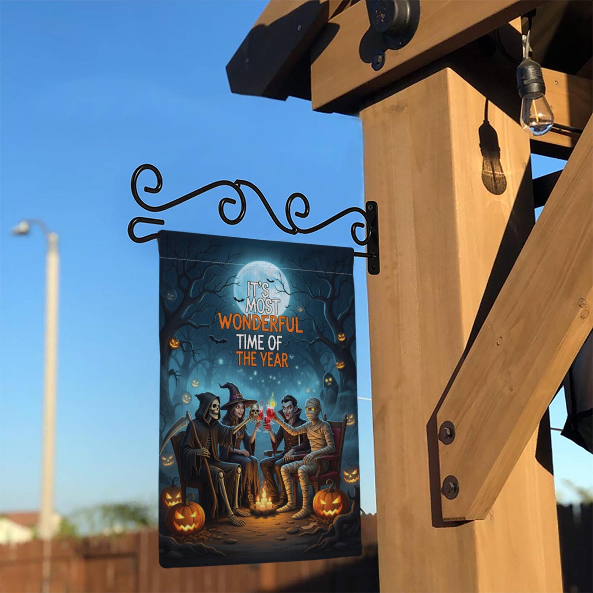 Halloween Campfire Garden Flag – Grim Reaper Vampire Witch Mummy – Spooky Fall Yard Decor
