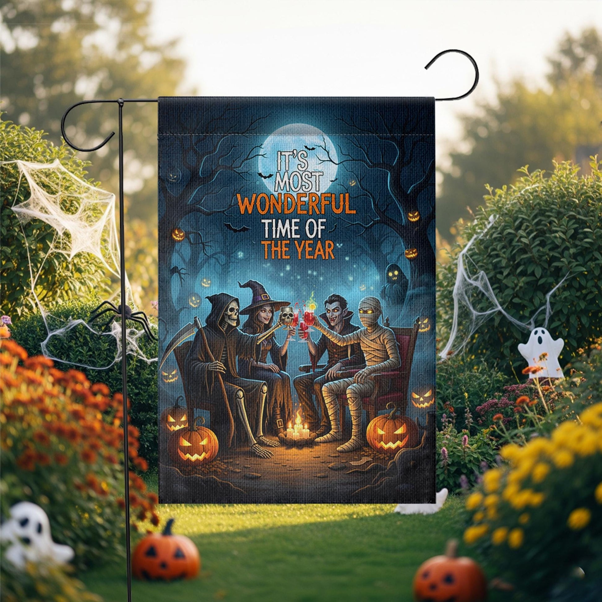 Halloween Campfire Garden Flag – Grim Reaper Vampire Witch Mummy – Spooky Fall Yard Decor