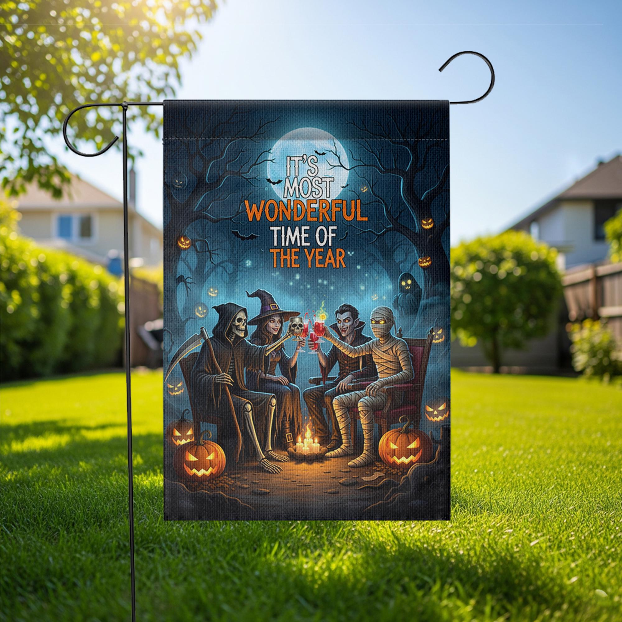 Halloween Campfire Garden Flag – Grim Reaper Vampire Witch Mummy – Spooky Fall Yard Decor