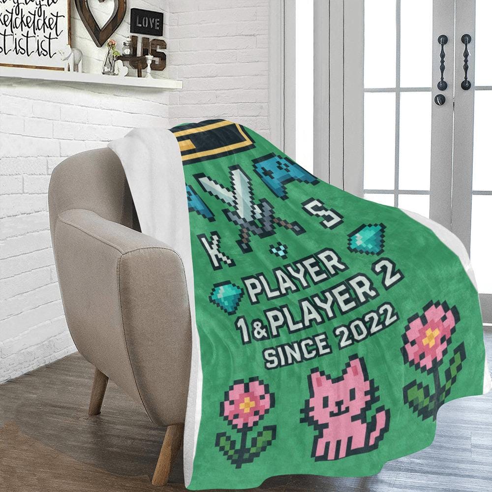 Gamer Couple Blanket, Player 1 & 2 Anniversary Gift, Pixel Art Throw Blanket, Custom Gaming Love Blanket, Couple Anniversary Cozy Gift