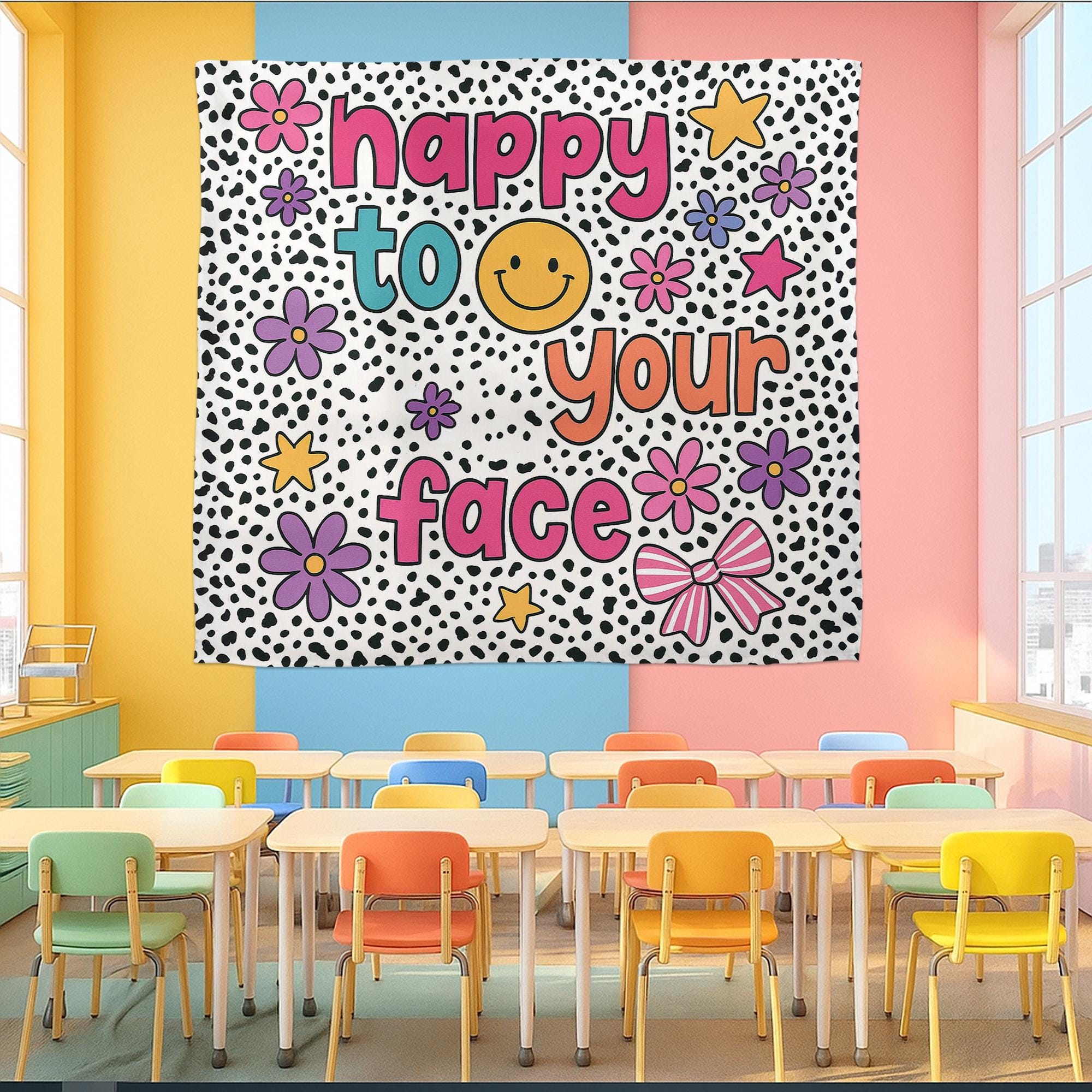 Happy to See Your Face Classroom Banner | Fun Teacher Wall Decor | Bright Retro Classroom Sign | Back to School Room Decoration, Elementary