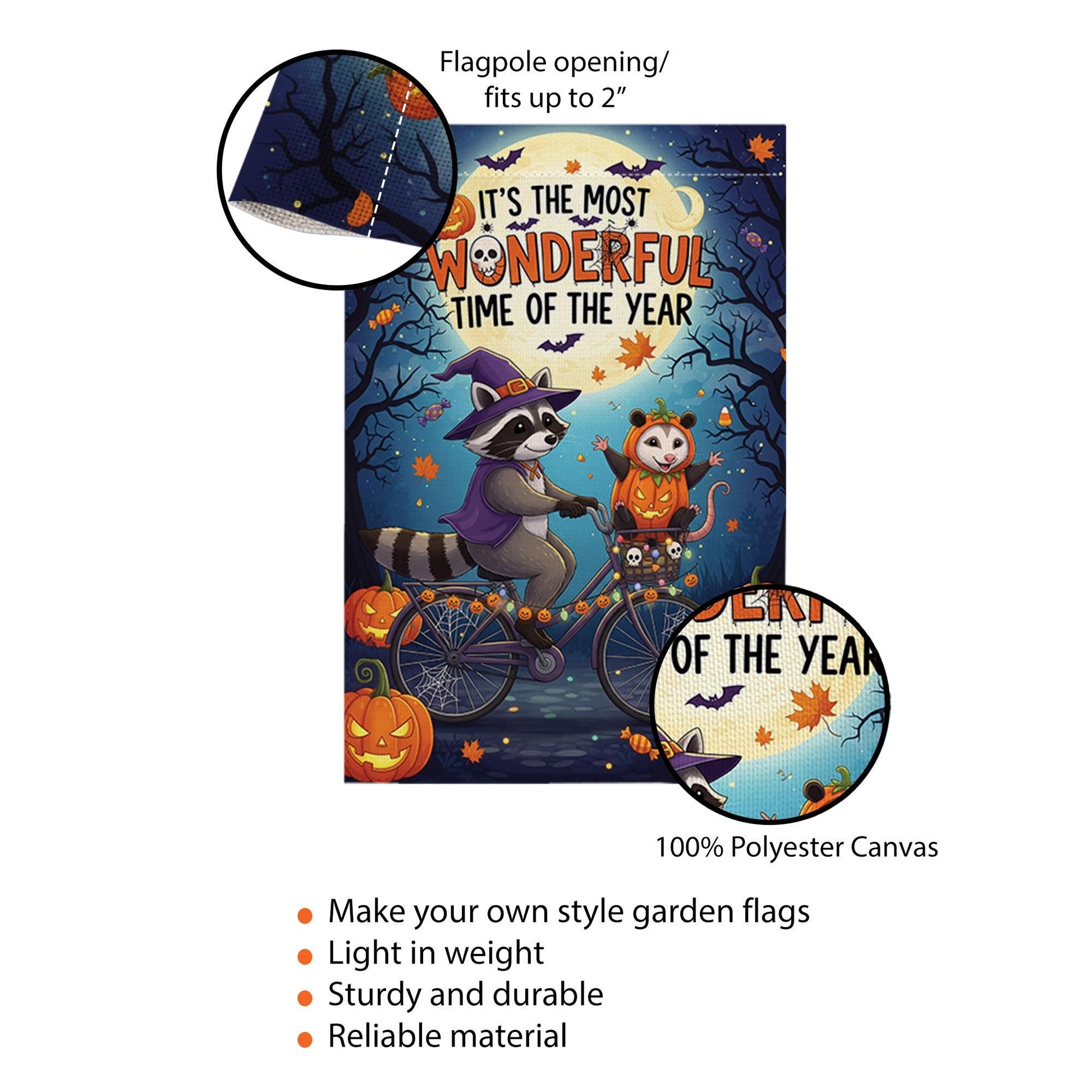Halloween Garden Flag – Raccoon and Opossum on Bike – Fall Yard Decor with Pumpkins & Quote