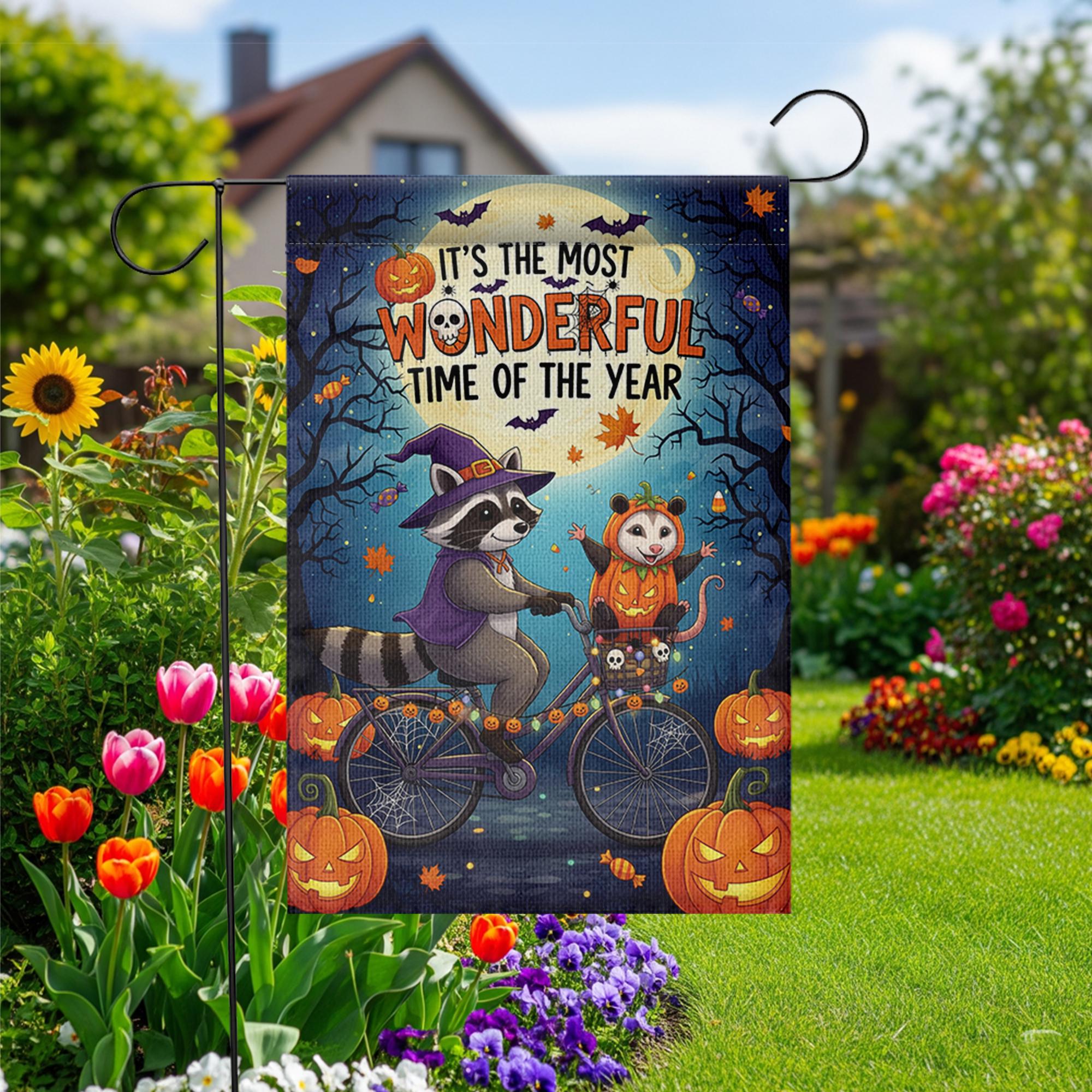 Halloween Garden Flag – Raccoon and Opossum on Bike – Fall Yard Decor with Pumpkins & Quote