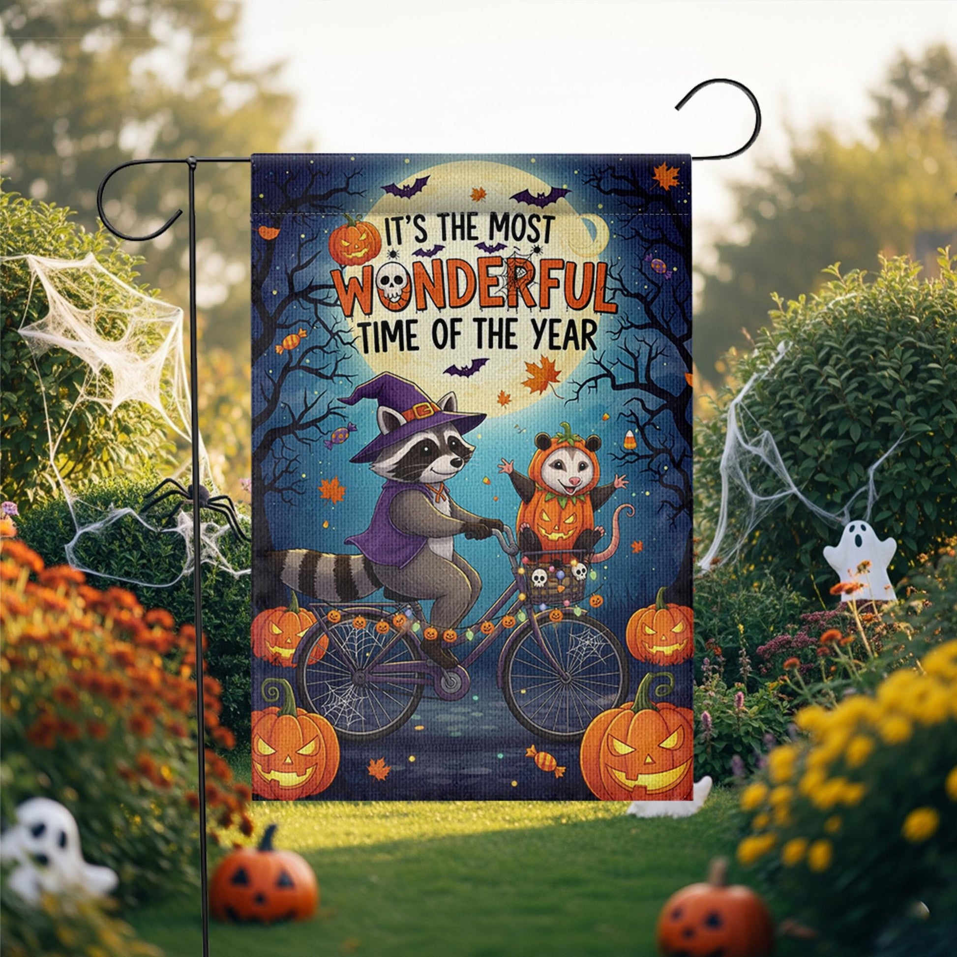 Halloween Garden Flag – Raccoon and Opossum on Bike – Fall Yard Decor with Pumpkins & Quote