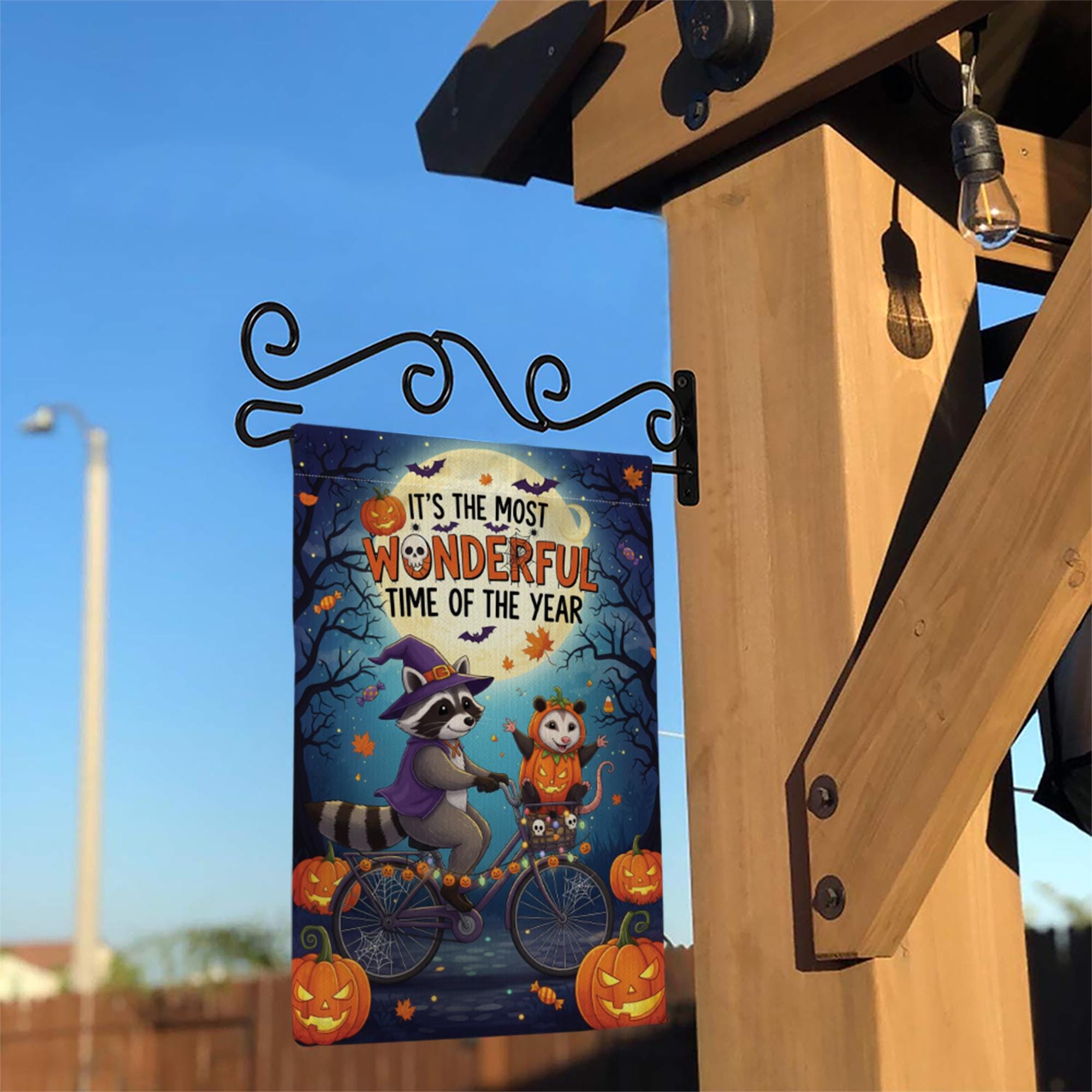 Halloween Garden Flag – Raccoon and Opossum on Bike – Fall Yard Decor with Pumpkins & Quote