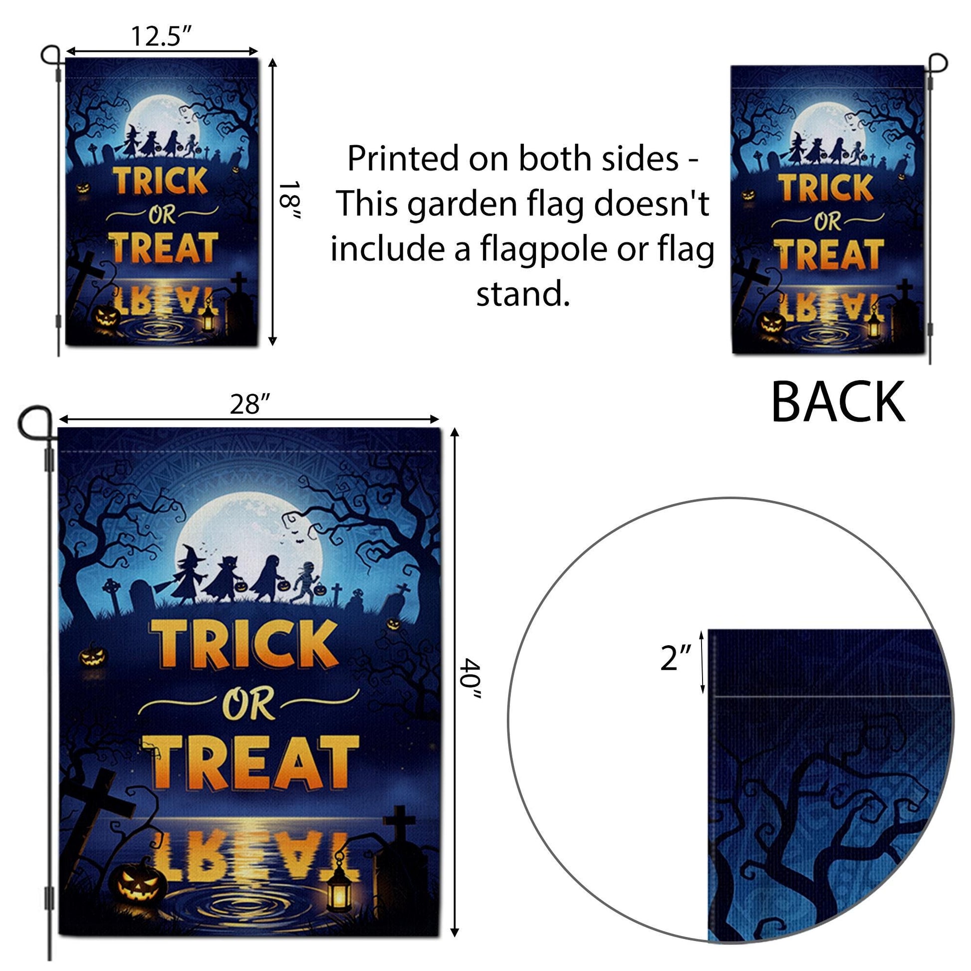 Trick or Treat Garden Flag – Halloween Yard Decor with Silhouettes & Full Moon Scene