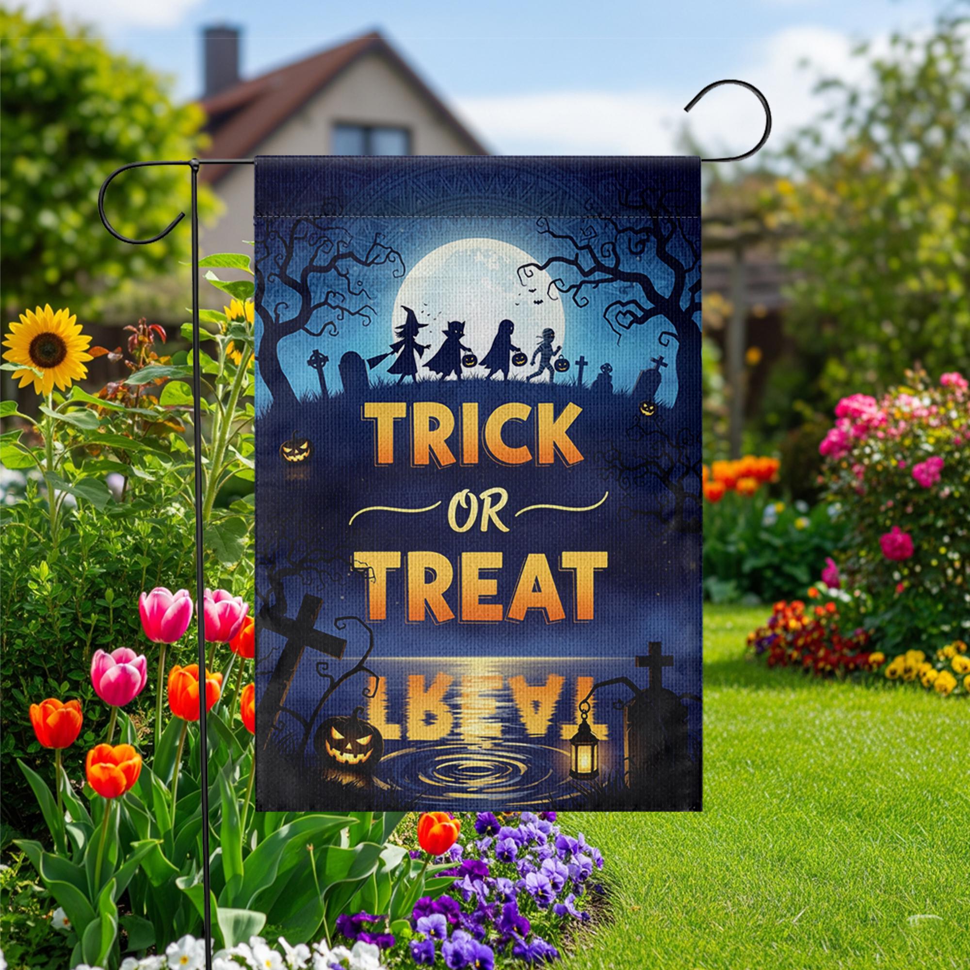 Trick or Treat Garden Flag – Halloween Yard Decor with Silhouettes & Full Moon Scene