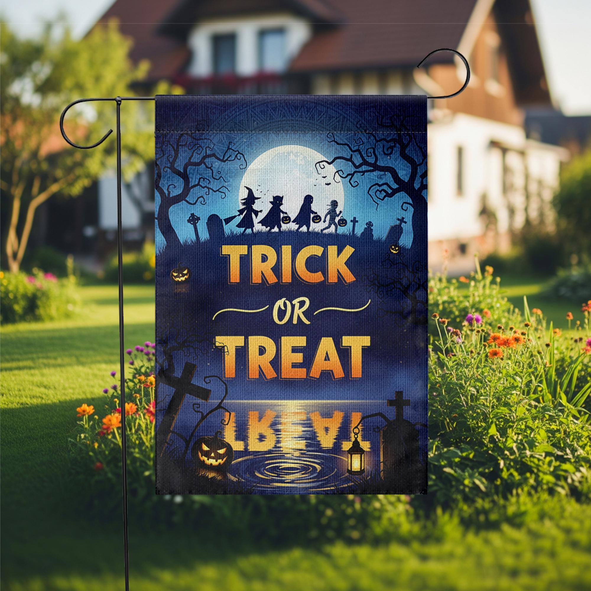 Trick or Treat Garden Flag – Halloween Yard Decor with Silhouettes & Full Moon Scene