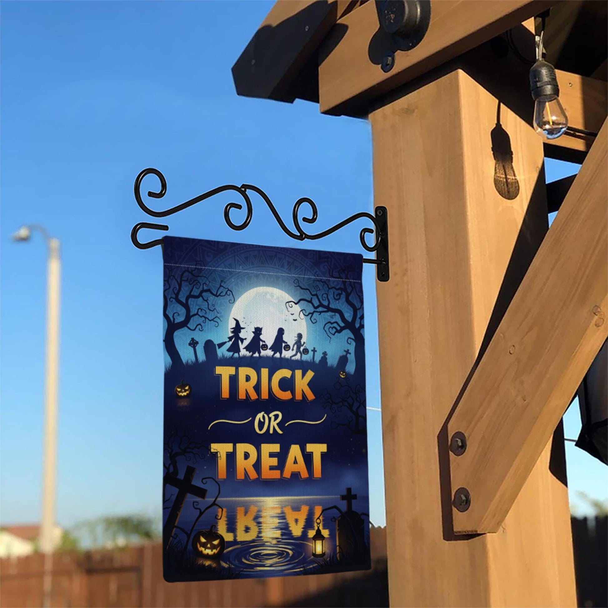 Trick or Treat Garden Flag – Halloween Yard Decor with Silhouettes & Full Moon Scene