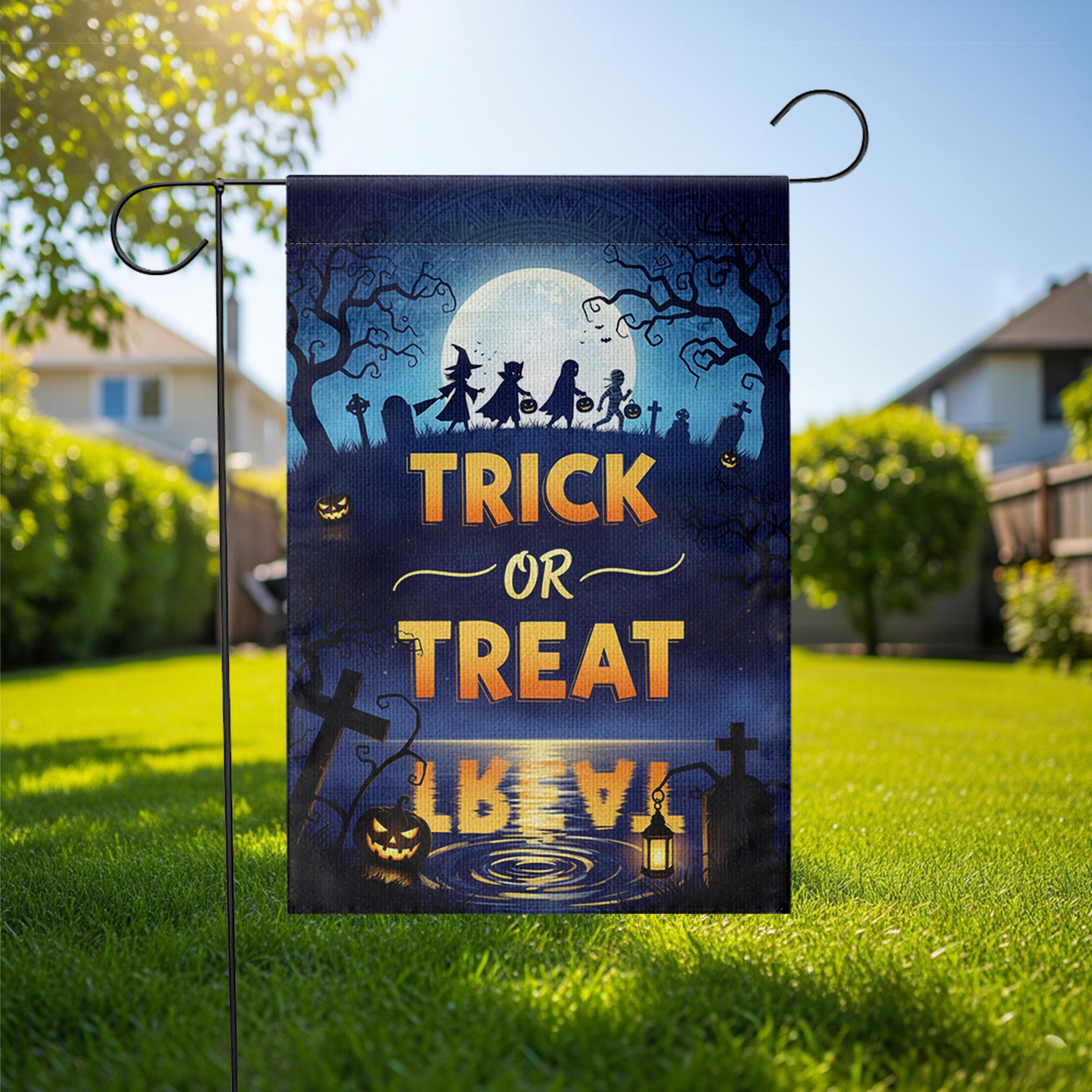 Trick or Treat Garden Flag – Halloween Yard Decor with Silhouettes & Full Moon Scene