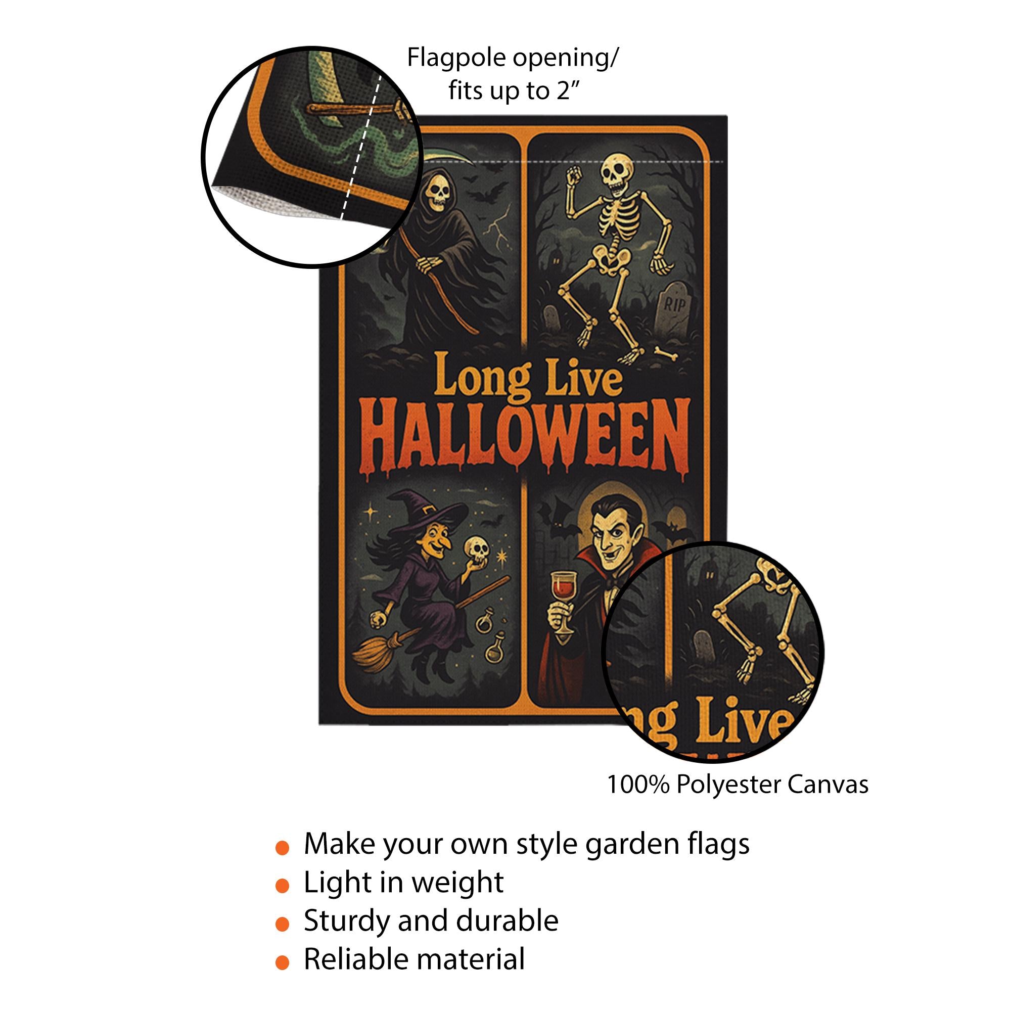 Long Live Halloween Garden Flag – Grim Reaper Skeleton Witch Vampire Retro Yard Decor